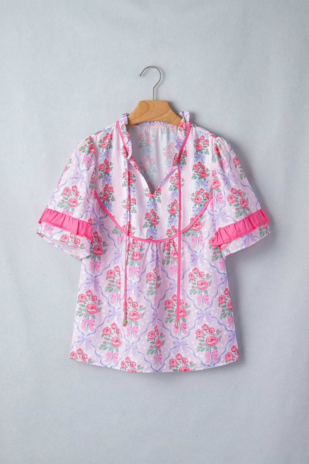 Floral Coquette Bow Ruffle Short Sleeve Blouse - Rooted & Reckless Co.