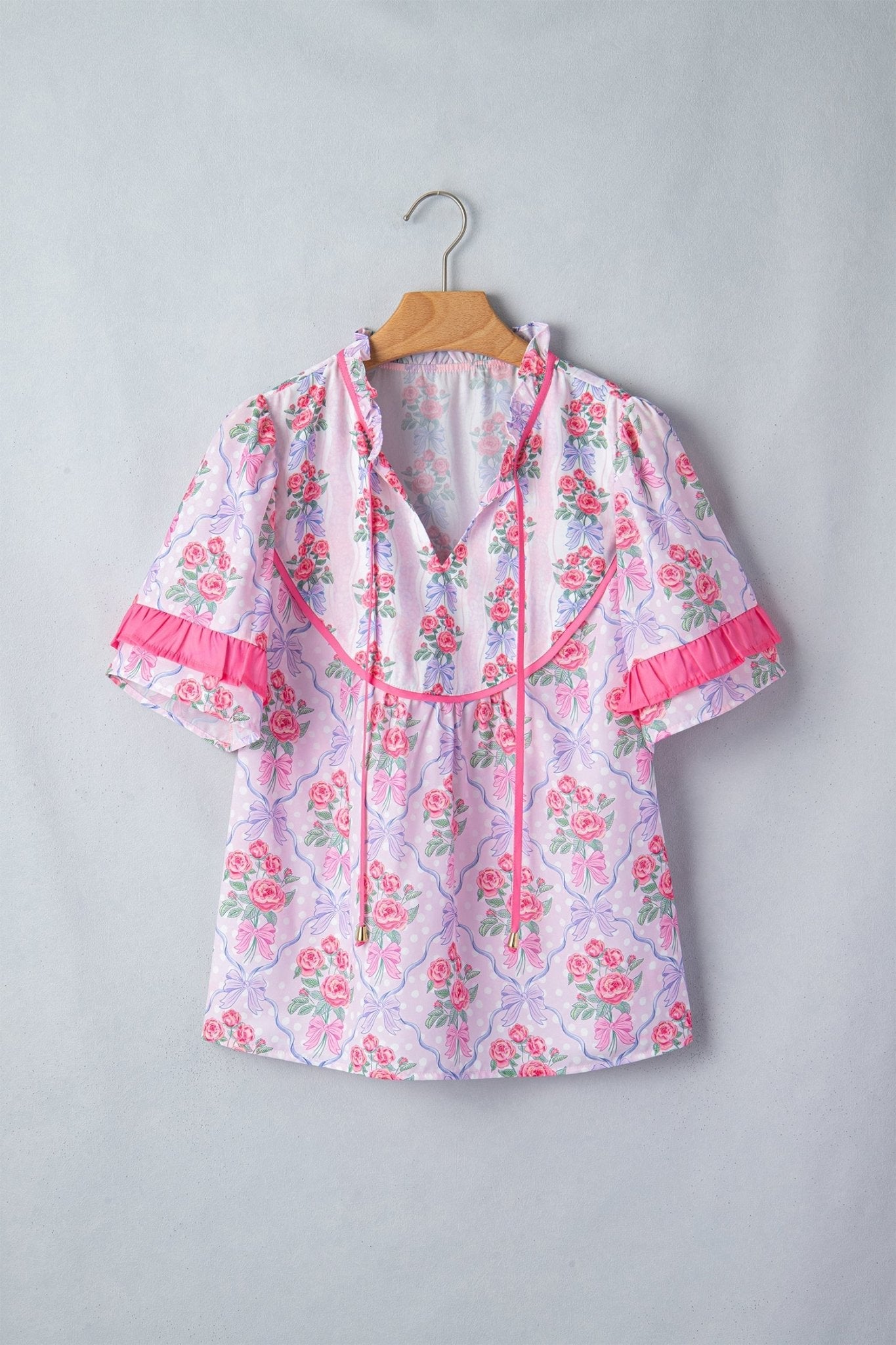 Floral Coquette Bow Ruffle Short Sleeve Blouse - Rooted & Reckless Co.