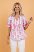 Floral Coquette Bow Ruffle Short Sleeve Blouse - Rooted & Reckless Co.
