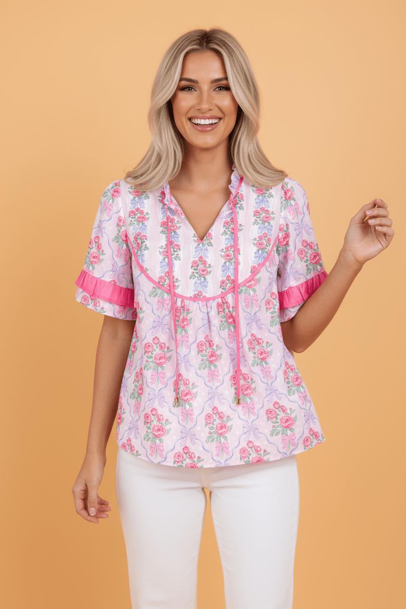 Floral Coquette Bow Ruffle Short Sleeve Blouse - Rooted & Reckless Co.