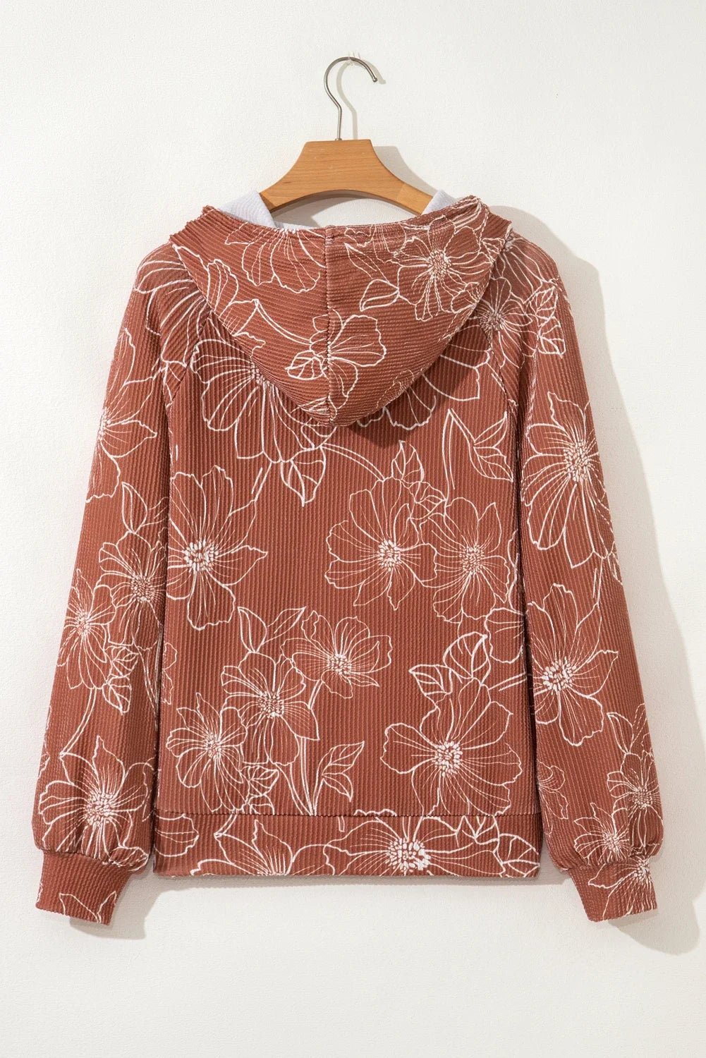 Floral Corded Knit Drawstring Kangaroo Pocket Hoodie - Rooted & Reckless Co.