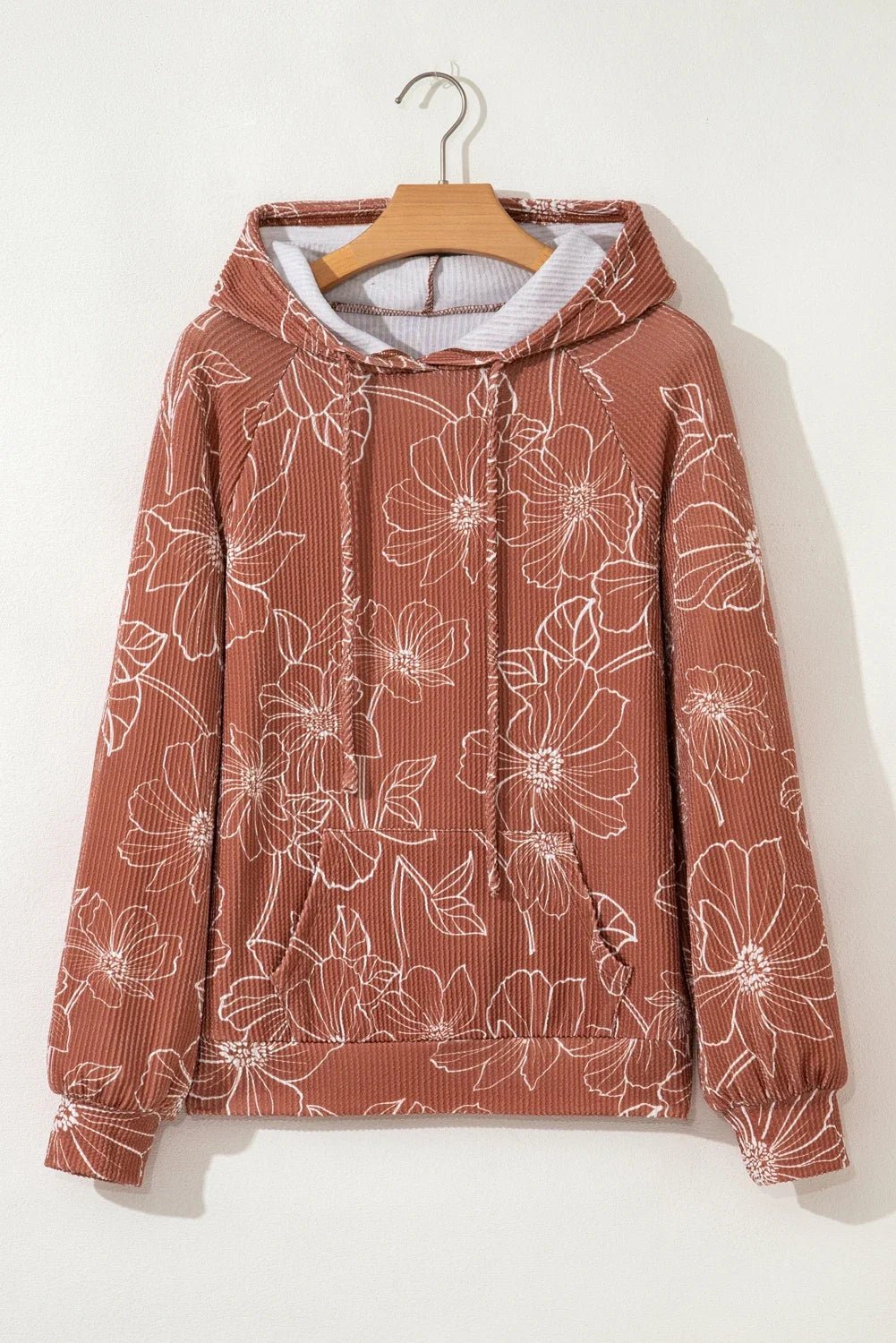 Floral Corded Knit Drawstring Kangaroo Pocket Hoodie - Rooted & Reckless Co.