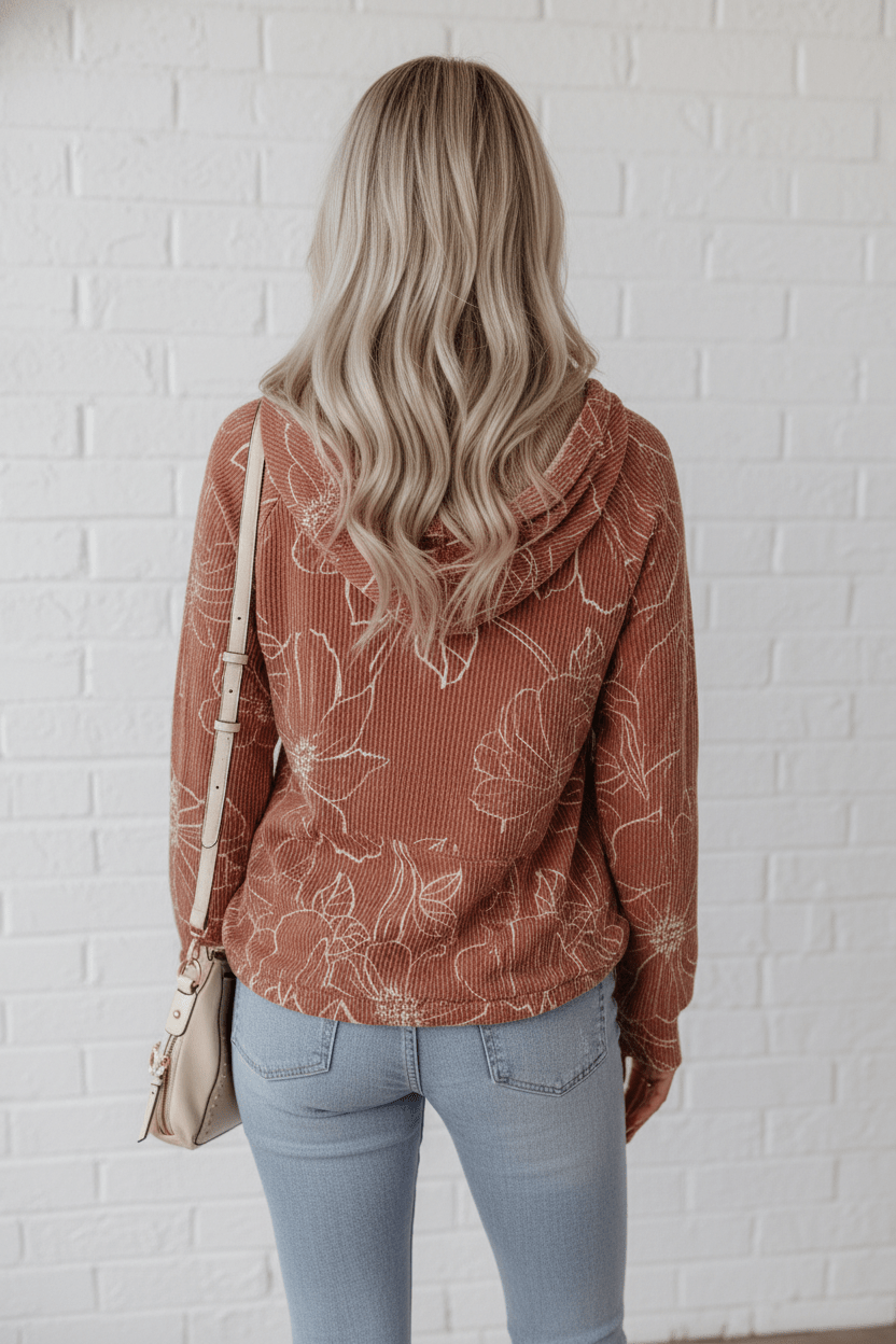 Floral Corded Knit Drawstring Kangaroo Pocket Hoodie - Rooted & Reckless Co.