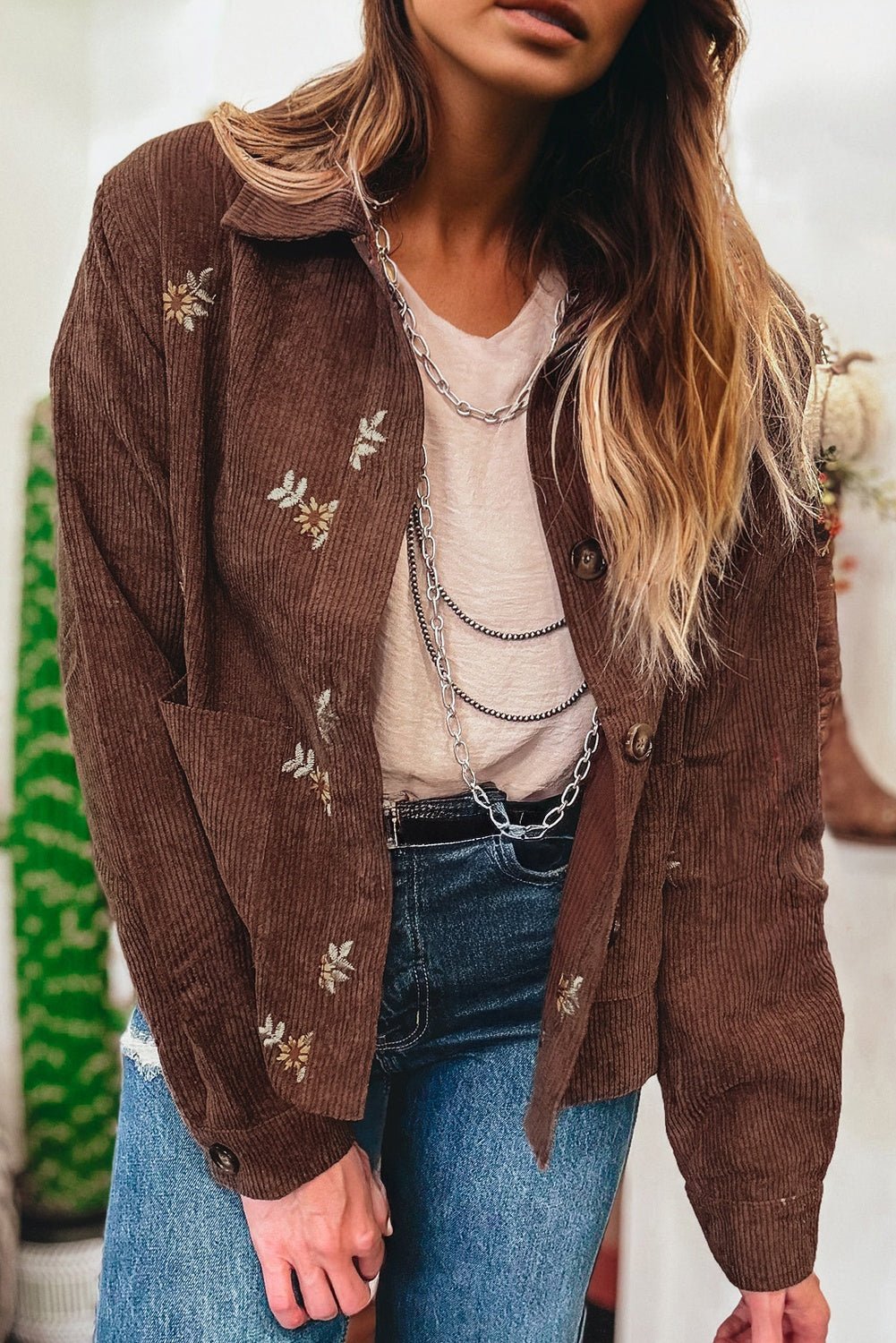 Floral Corduroy Embroidered Button-Front Jacket - Rooted & Reckless Co.