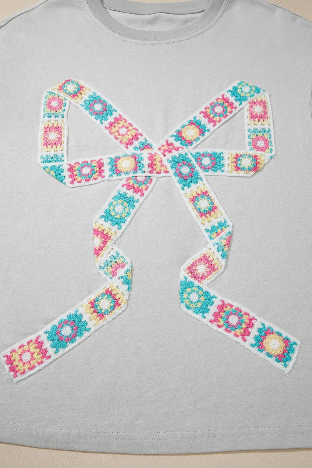 Floral Crochet Ribbon Bow Patched T-Shirt - Rooted & Reckless Co.