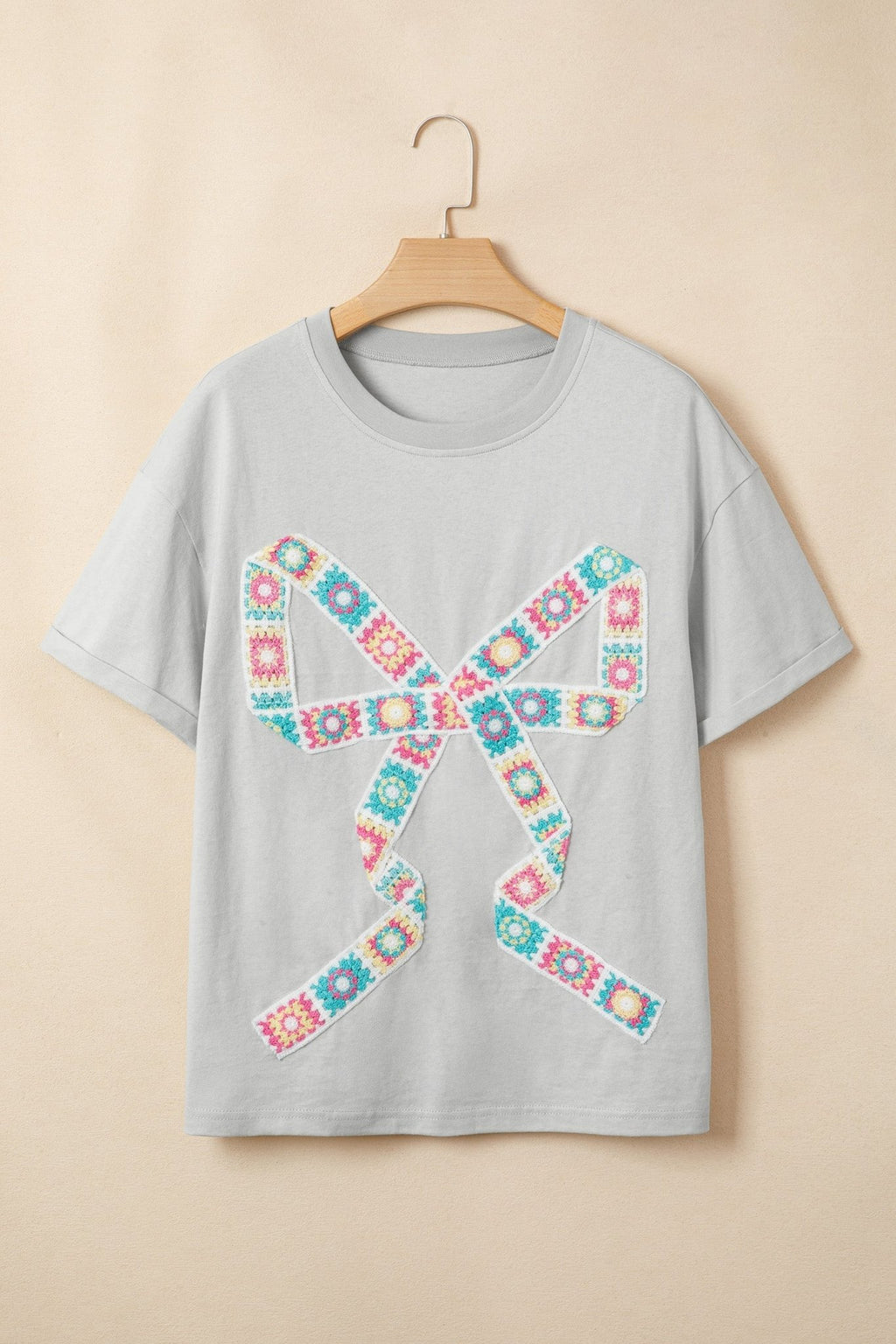 Floral Crochet Ribbon Bow Patched T-Shirt - Rooted & Reckless Co.