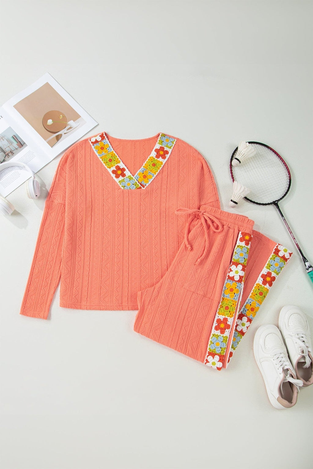 Floral Crochet Trim Textured Top and Pants Set - Rooted & Reckless Co.