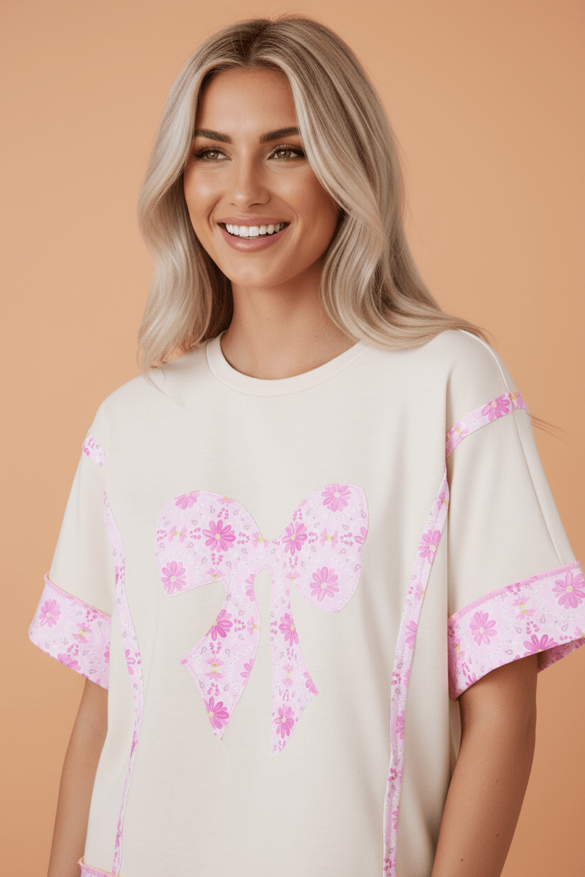 Floral Daisy Bow Patchwork Short Sleeve T-Shirt - Rooted & Reckless Co.