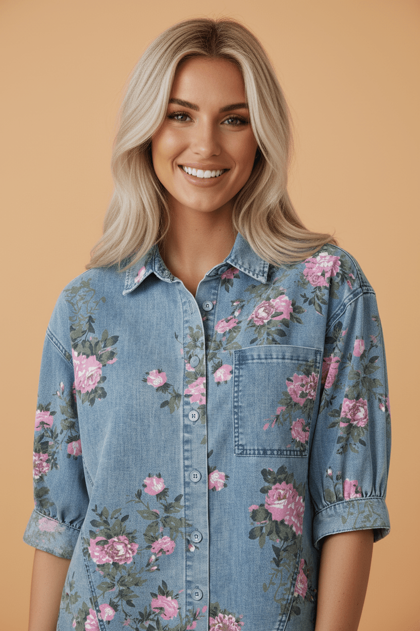 Floral Denim 3/4 Sleeve Buttoned Shirt - Rooted & Reckless Co.
