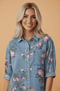 Floral Denim 3/4 Sleeve Buttoned Shirt - Rooted & Reckless Co.