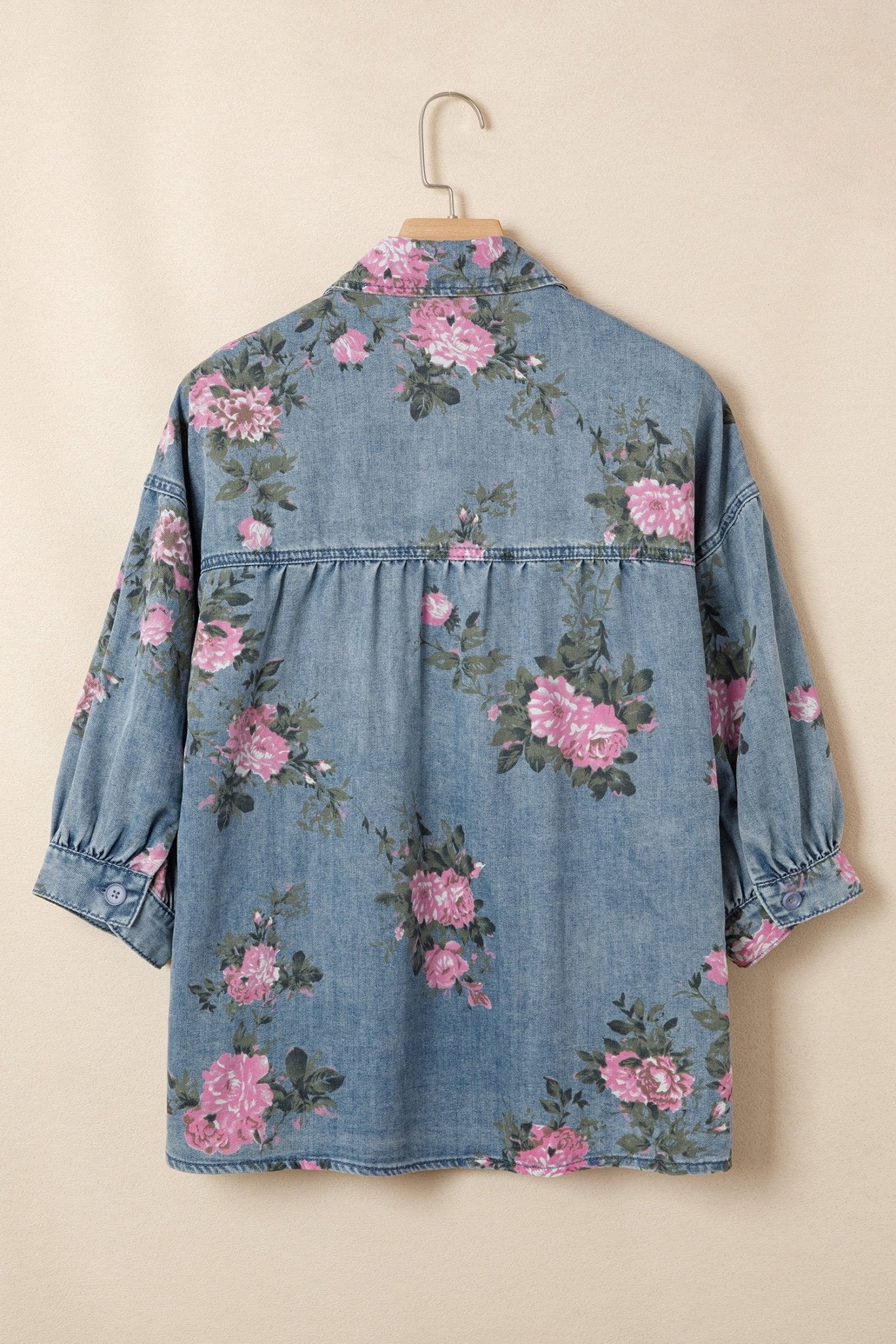 Floral Denim 3/4 Sleeve Buttoned Shirt - Rooted & Reckless Co.