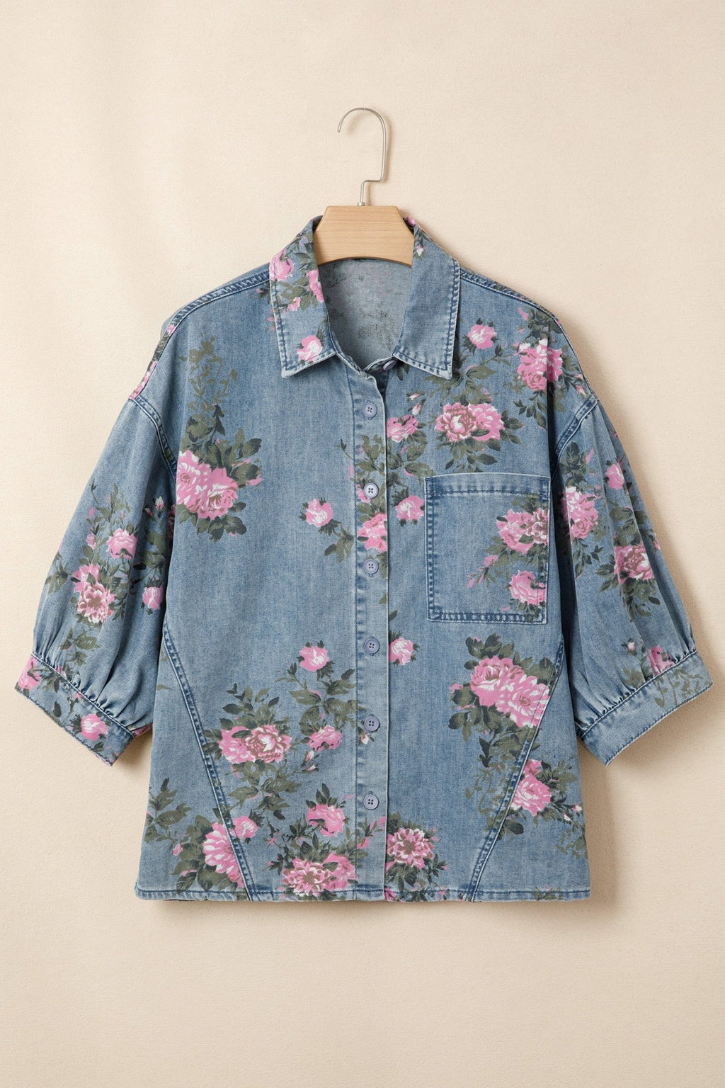 Floral Denim 3/4 Sleeve Buttoned Shirt - Rooted & Reckless Co.