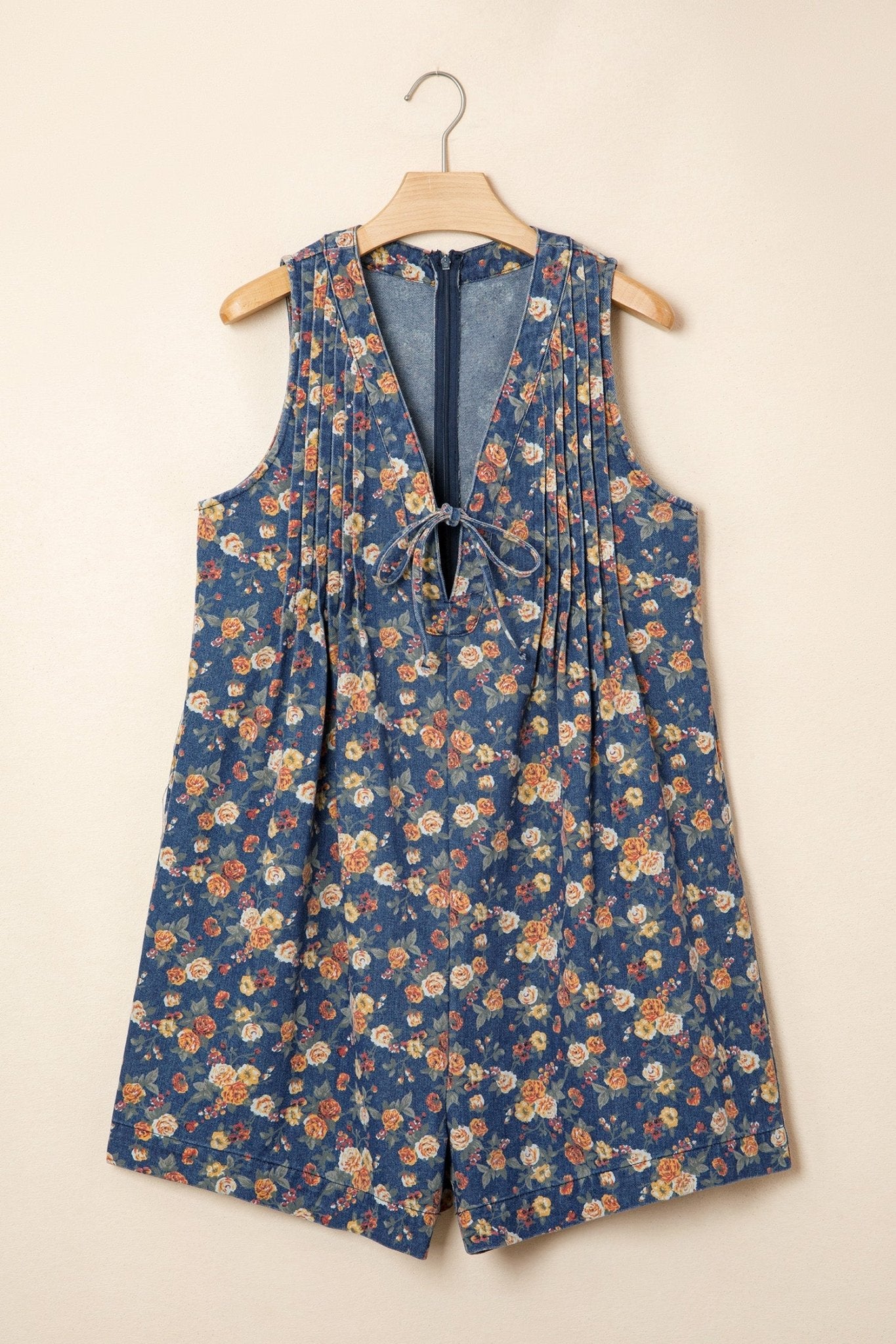 Floral Denim Bow Tie V-Neck Romper - Rooted & Reckless Co.