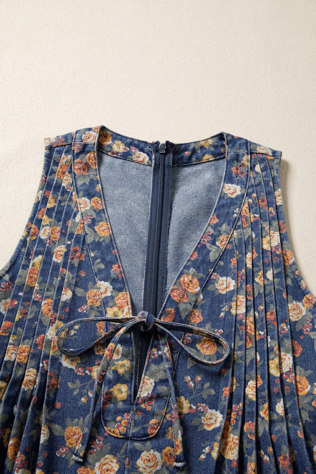 Floral Denim Bow Tie V-Neck Romper - Rooted & Reckless Co.