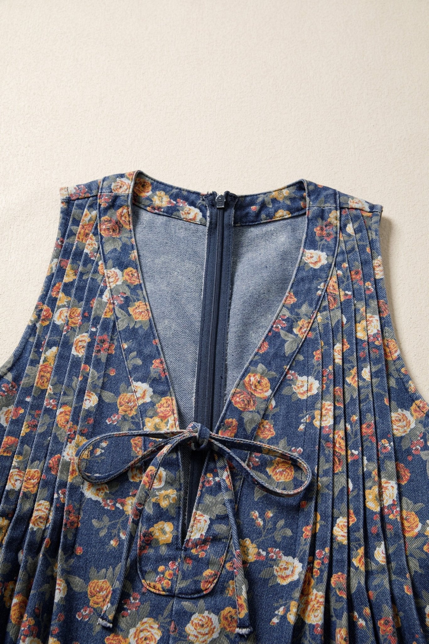 Floral Denim Bow Tie V-Neck Romper - Rooted & Reckless Co.