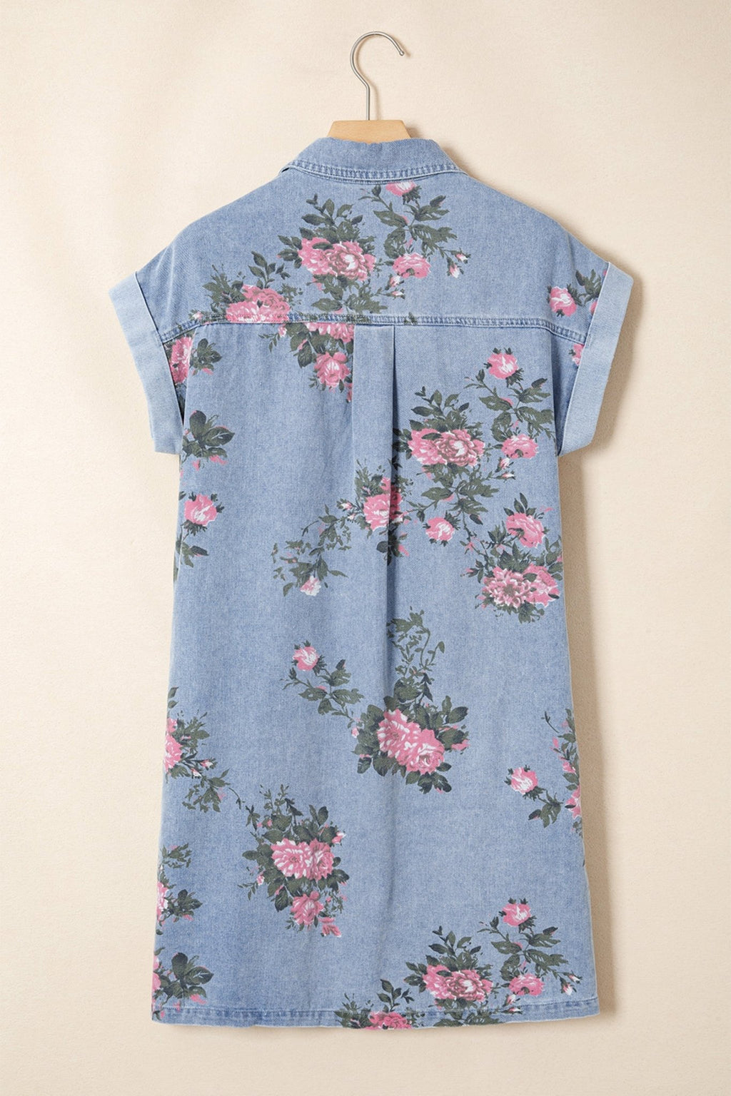 Floral Denim Cuffed Short Sleeve Buttoned Dress - Rooted & Reckless Co.