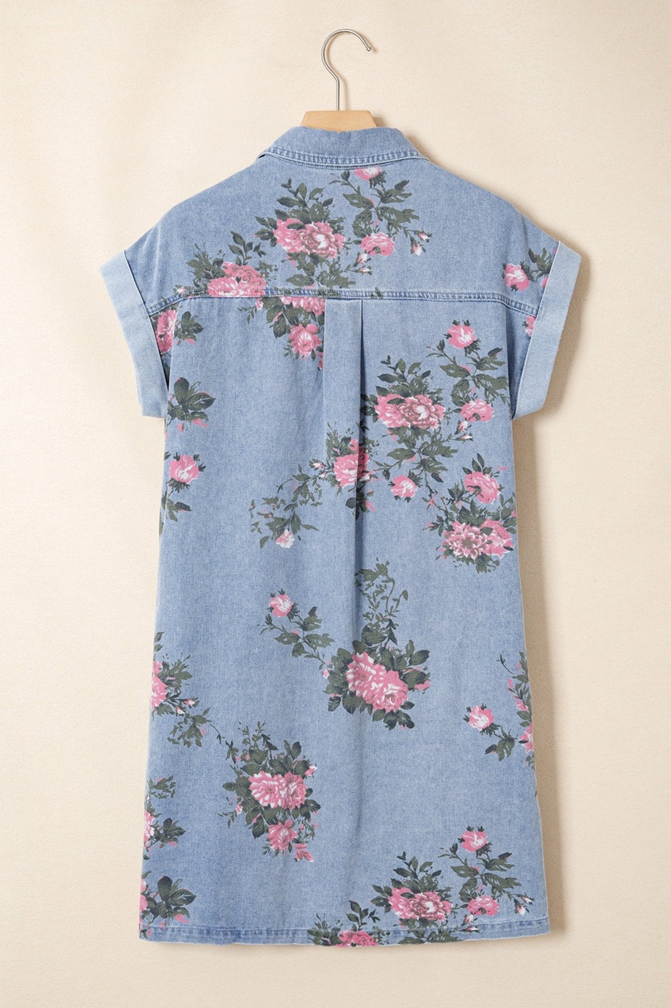 Floral Denim Cuffed Short Sleeve Buttoned Dress - Rooted & Reckless Co.