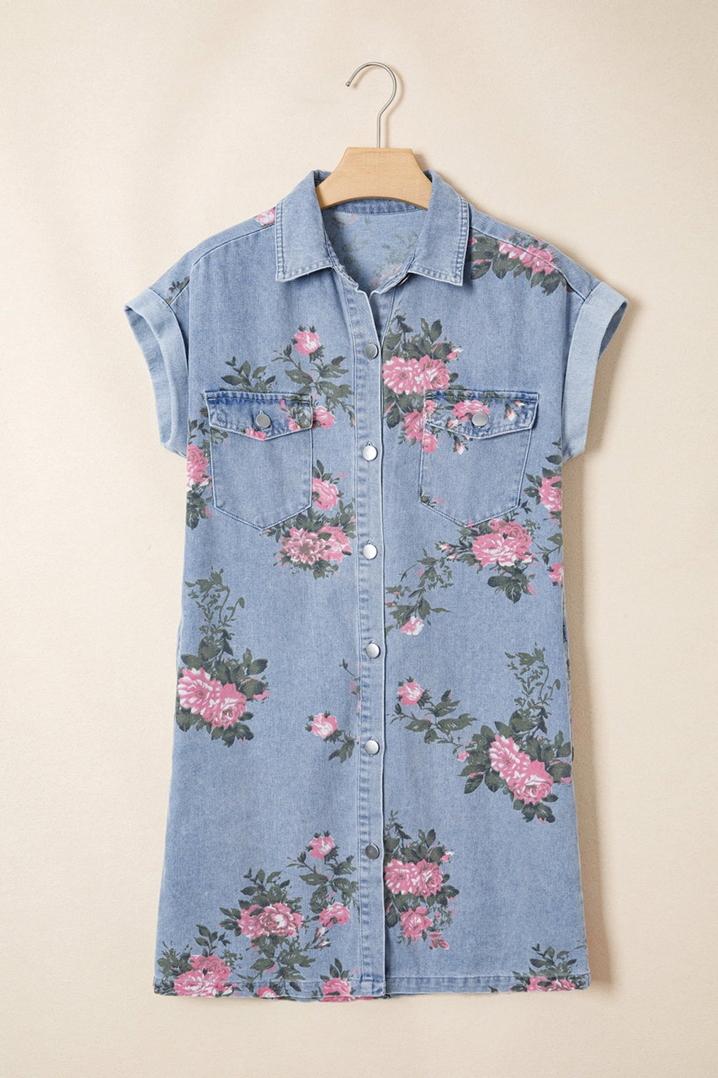 Floral Denim Cuffed Short Sleeve Buttoned Dress - Rooted & Reckless Co.