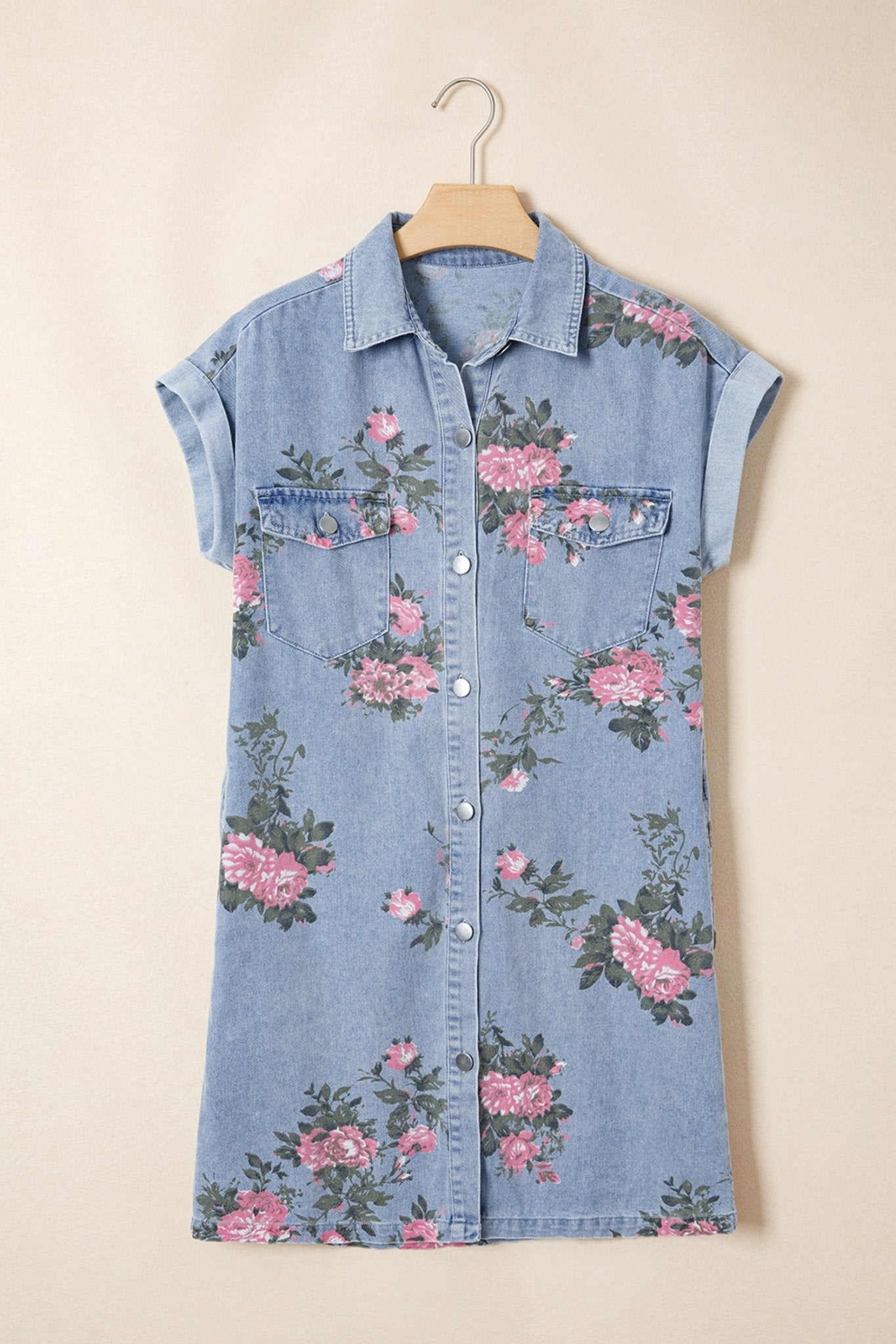 Floral Denim Cuffed Short Sleeve Buttoned Dress - Rooted & Reckless Co.