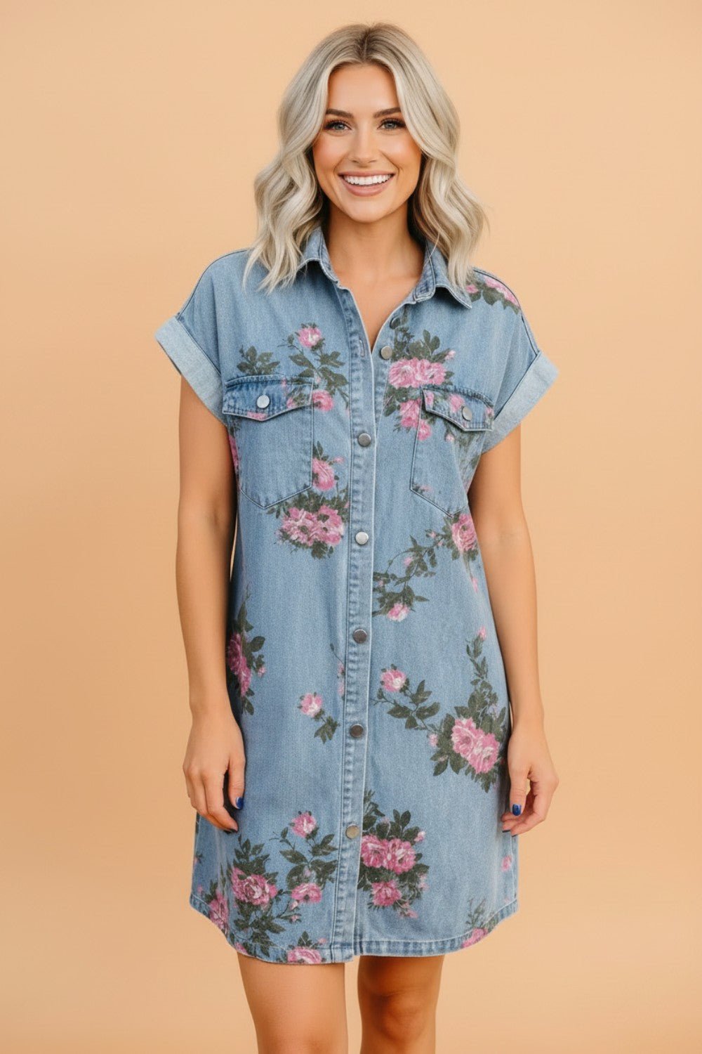 Floral Denim Cuffed Short Sleeve Buttoned Dress - Rooted & Reckless Co.