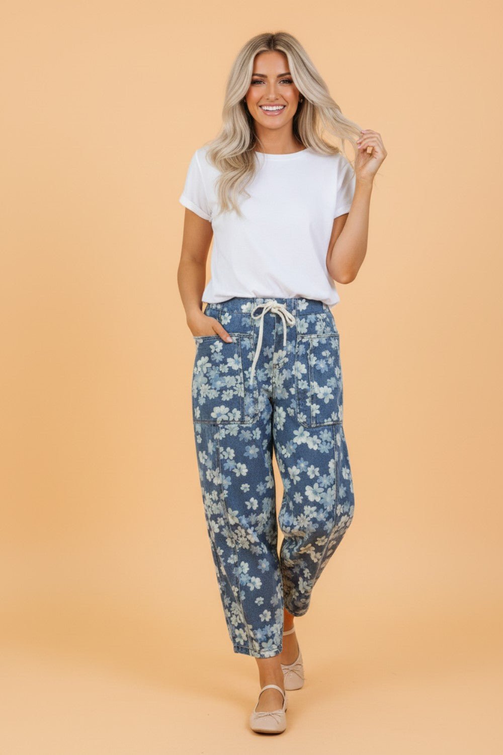 Floral Denim Drawstring Barrel Leg Jeans - Rooted & Reckless Co.