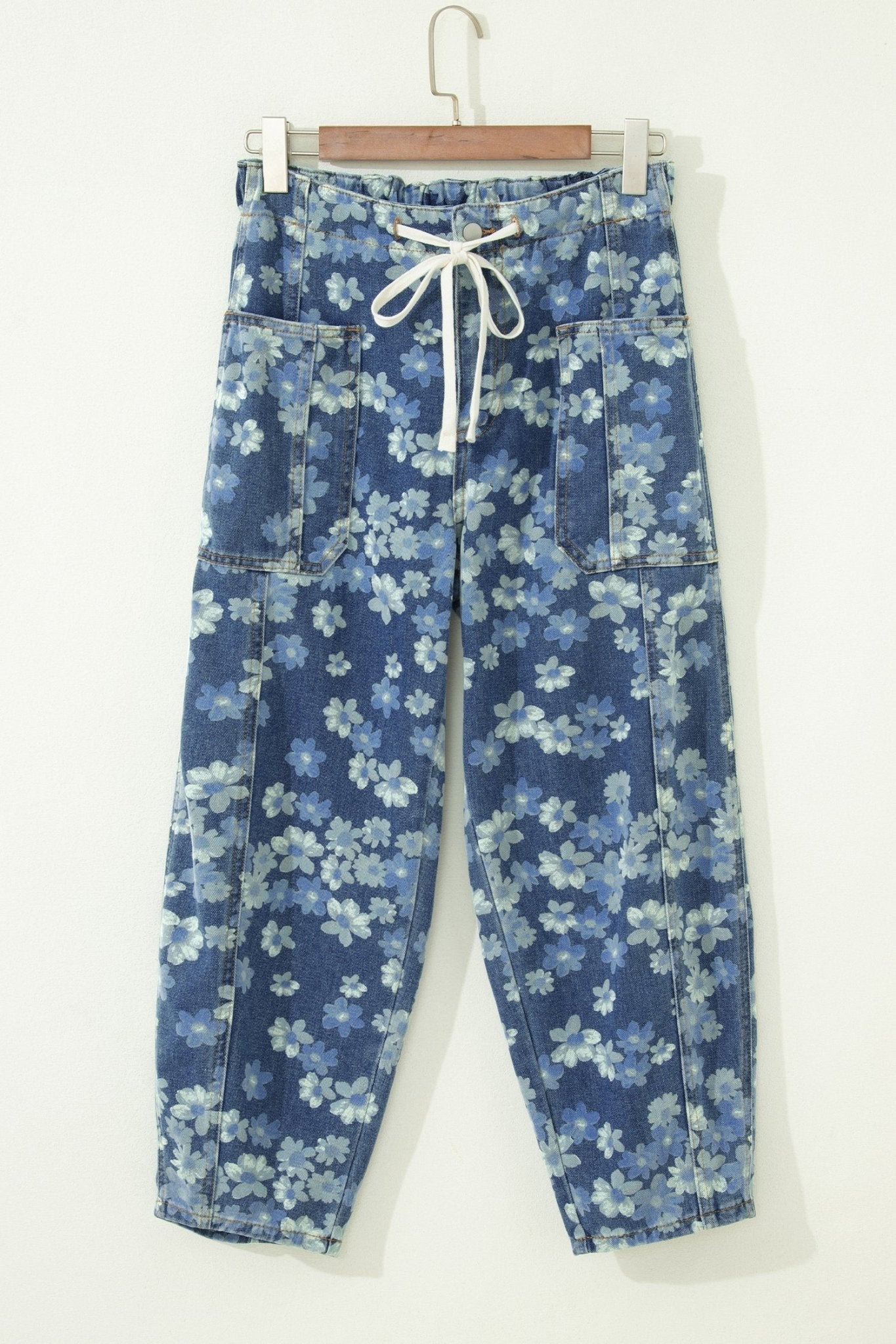 Floral Denim Drawstring Barrel Leg Jeans - Rooted & Reckless Co.