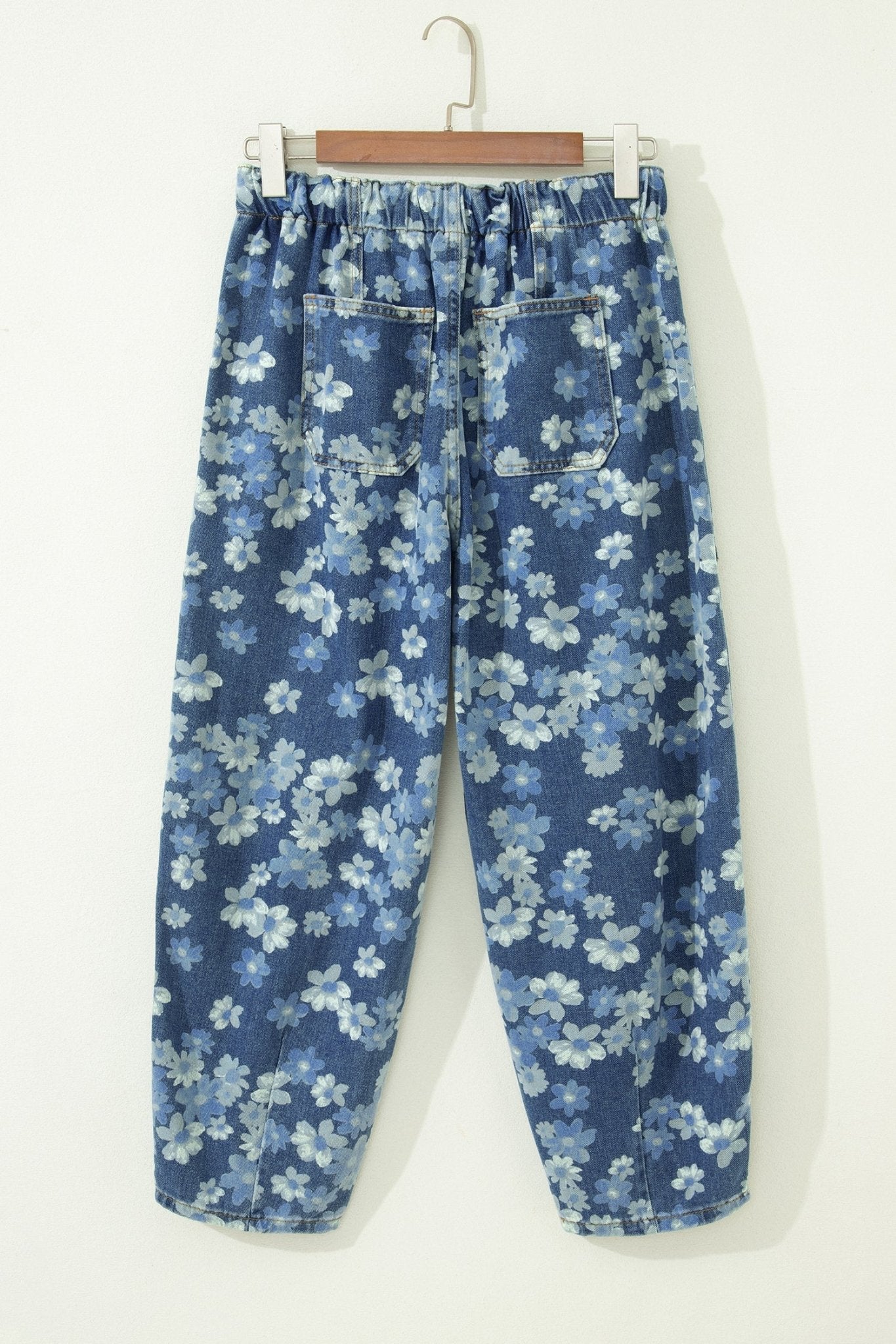 Floral Denim Drawstring Barrel Leg Jeans - Rooted & Reckless Co.