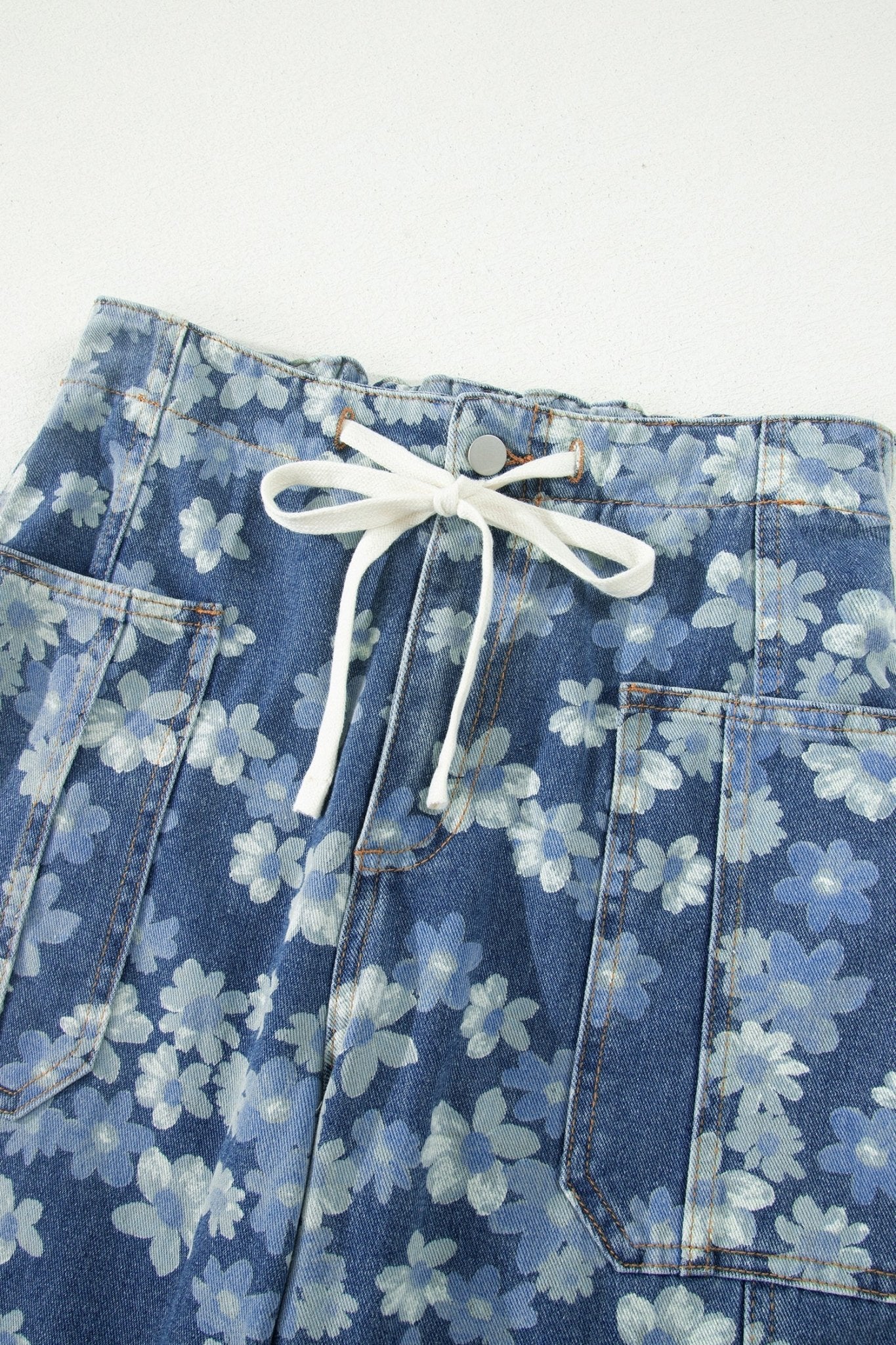 Floral Denim Drawstring Barrel Leg Jeans - Rooted & Reckless Co.