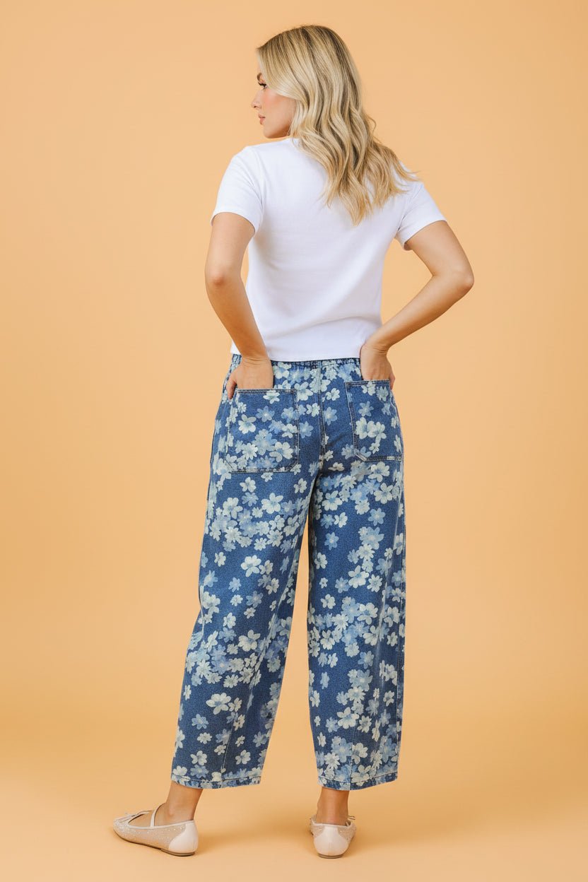Floral Denim Drawstring Barrel Leg Jeans - Rooted & Reckless Co.