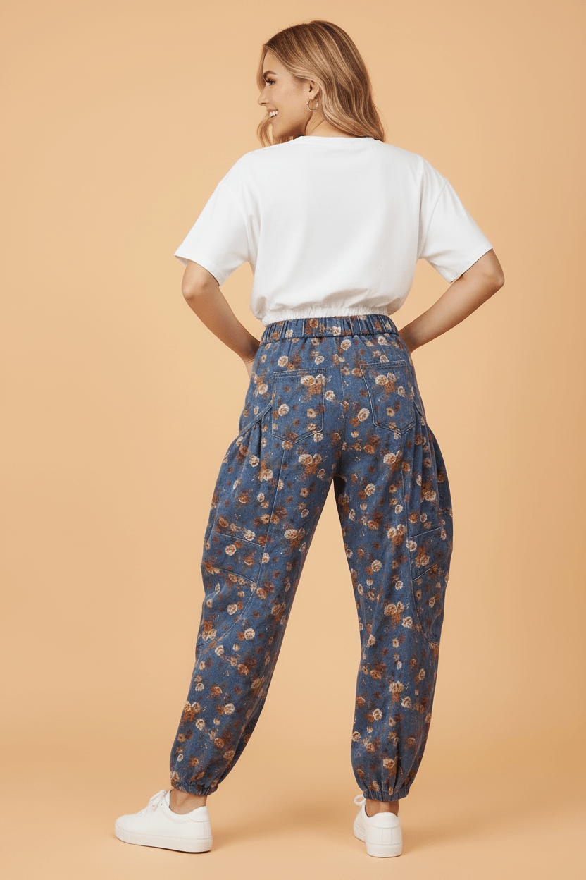 Floral Denim Elastic Waist Pocketed Barrel Jeans - Rooted & Reckless Co.