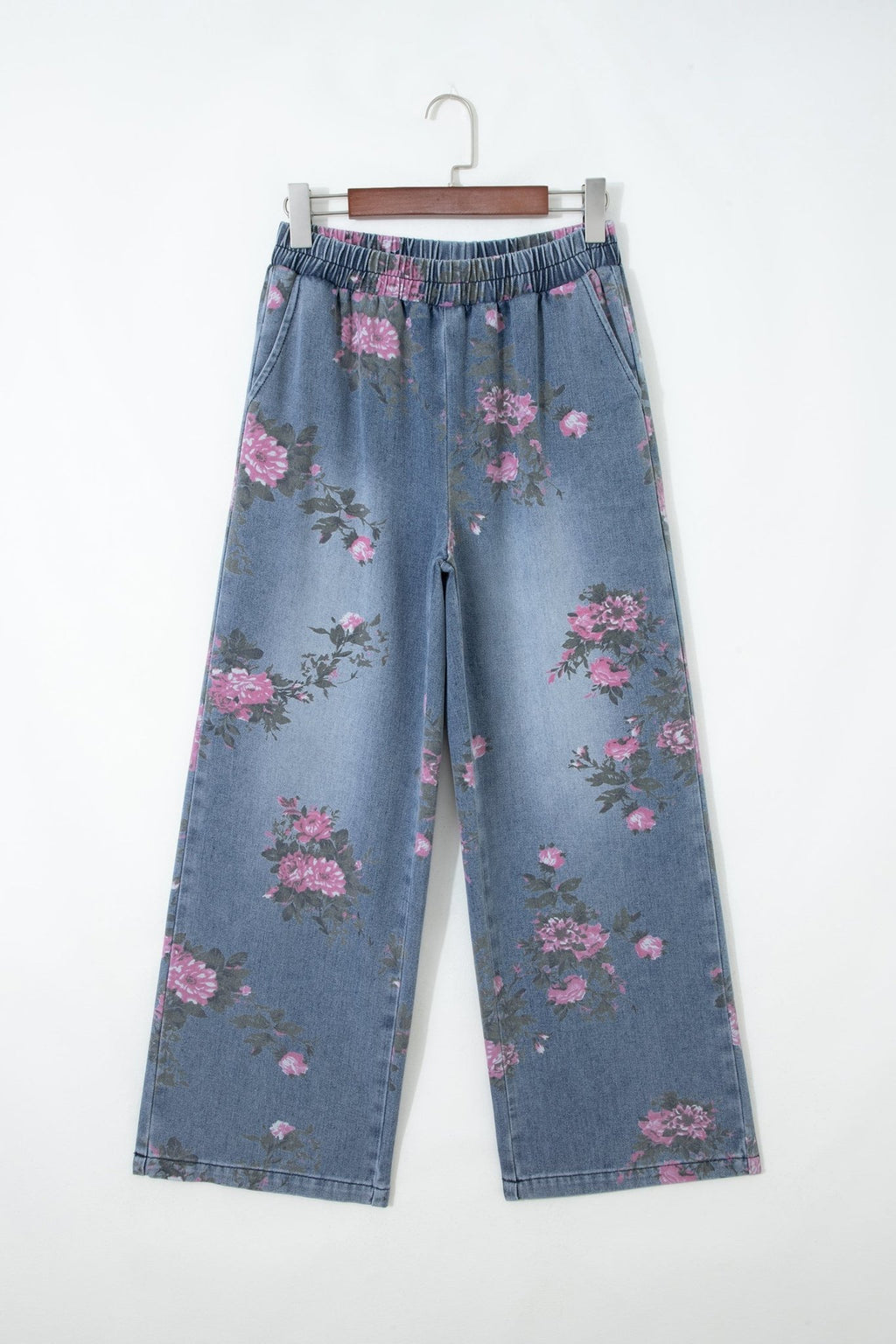Floral Denim Elastic Waist Straight Leg Jeans - Rooted & Reckless Co.