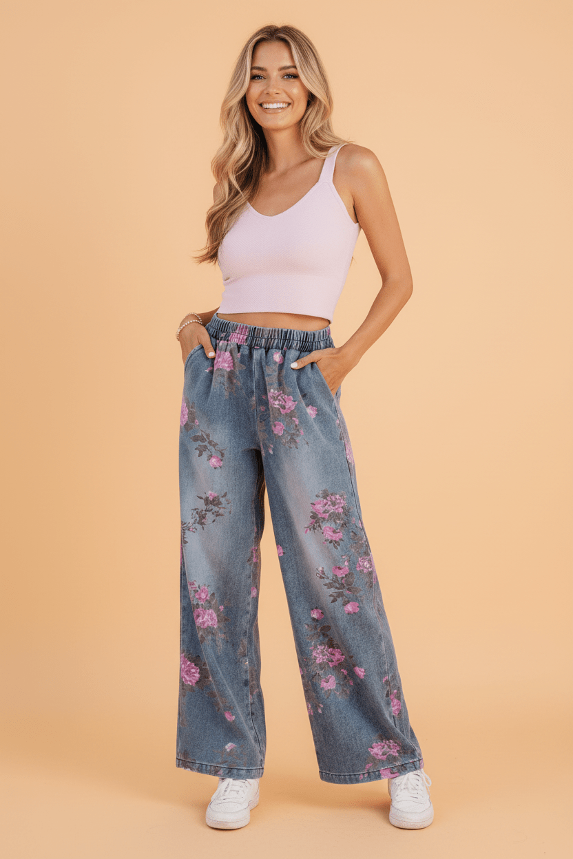 Floral Denim Elastic Waist Straight Leg Jeans - Rooted & Reckless Co.