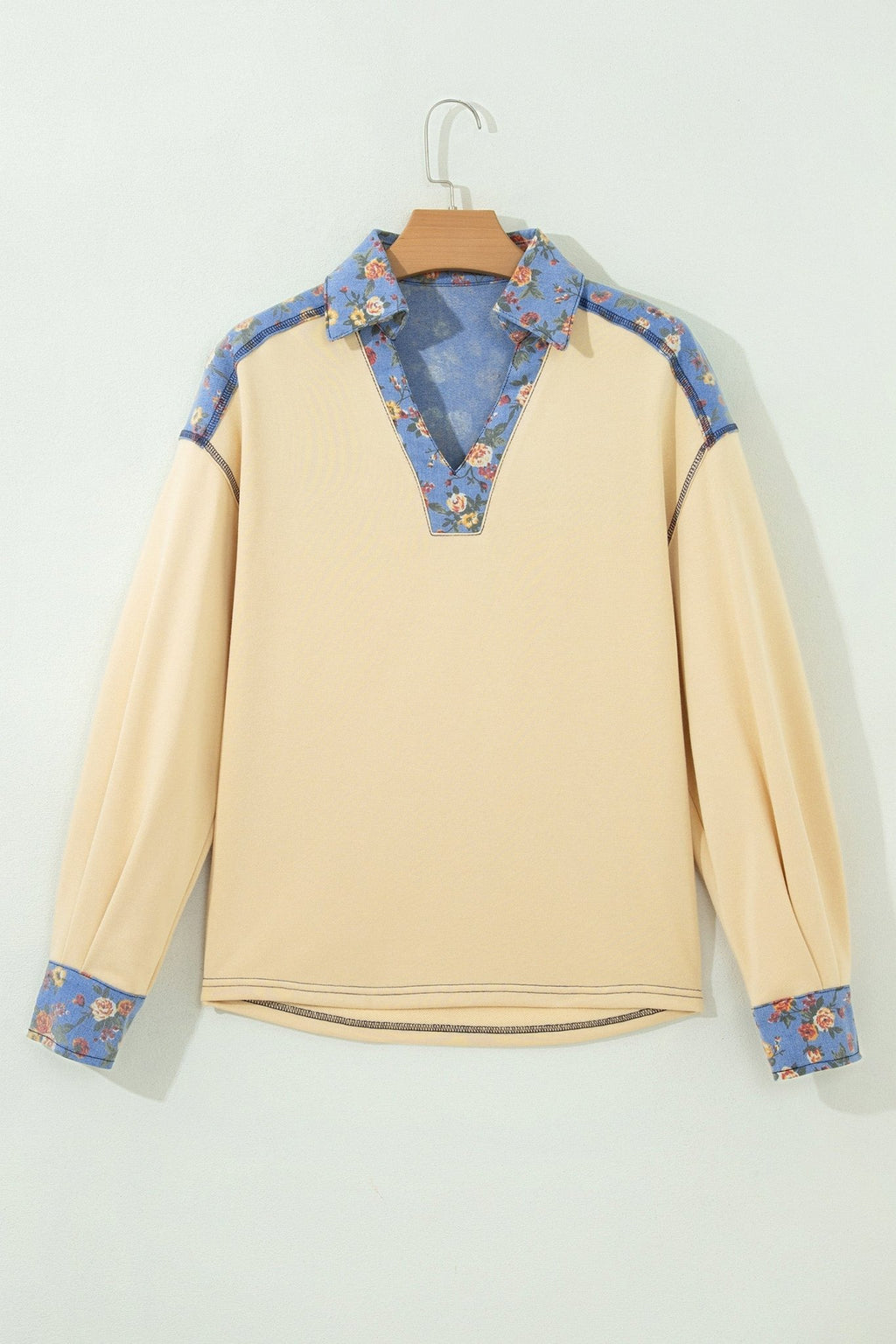 Floral Denim Patchwork Collared V-Neck Long Sleeve Top - Rooted & Reckless Co.