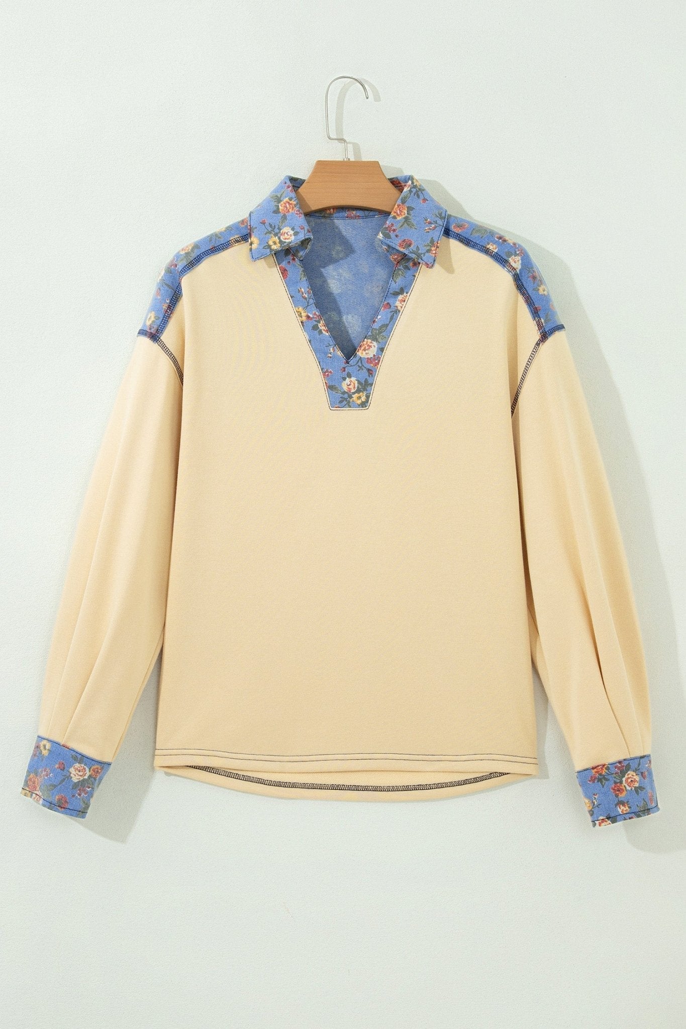 Floral Denim Patchwork Collared V-Neck Long Sleeve Top - Rooted & Reckless Co.