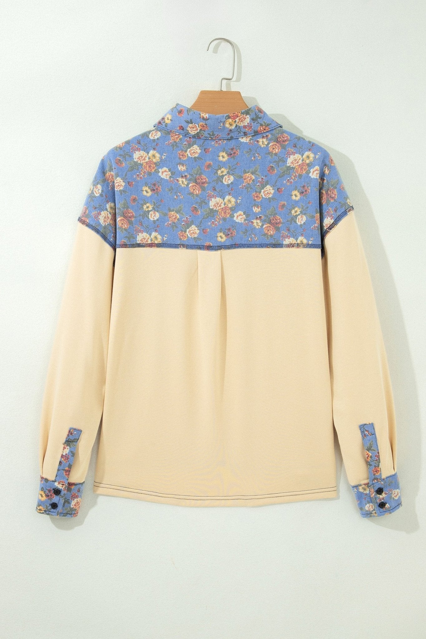 Floral Denim Patchwork Collared V-Neck Long Sleeve Top - Rooted & Reckless Co.