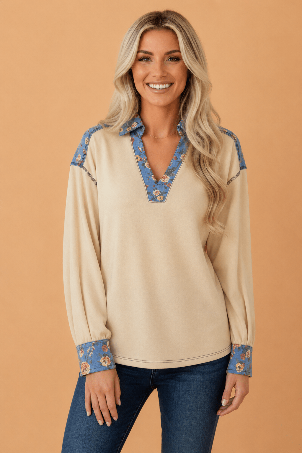Floral Denim Patchwork Collared V-Neck Long Sleeve Top - Rooted & Reckless Co.