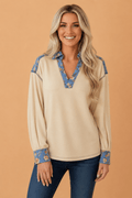Floral Denim Patchwork Collared V-Neck Long Sleeve Top - Rooted & Reckless Co.