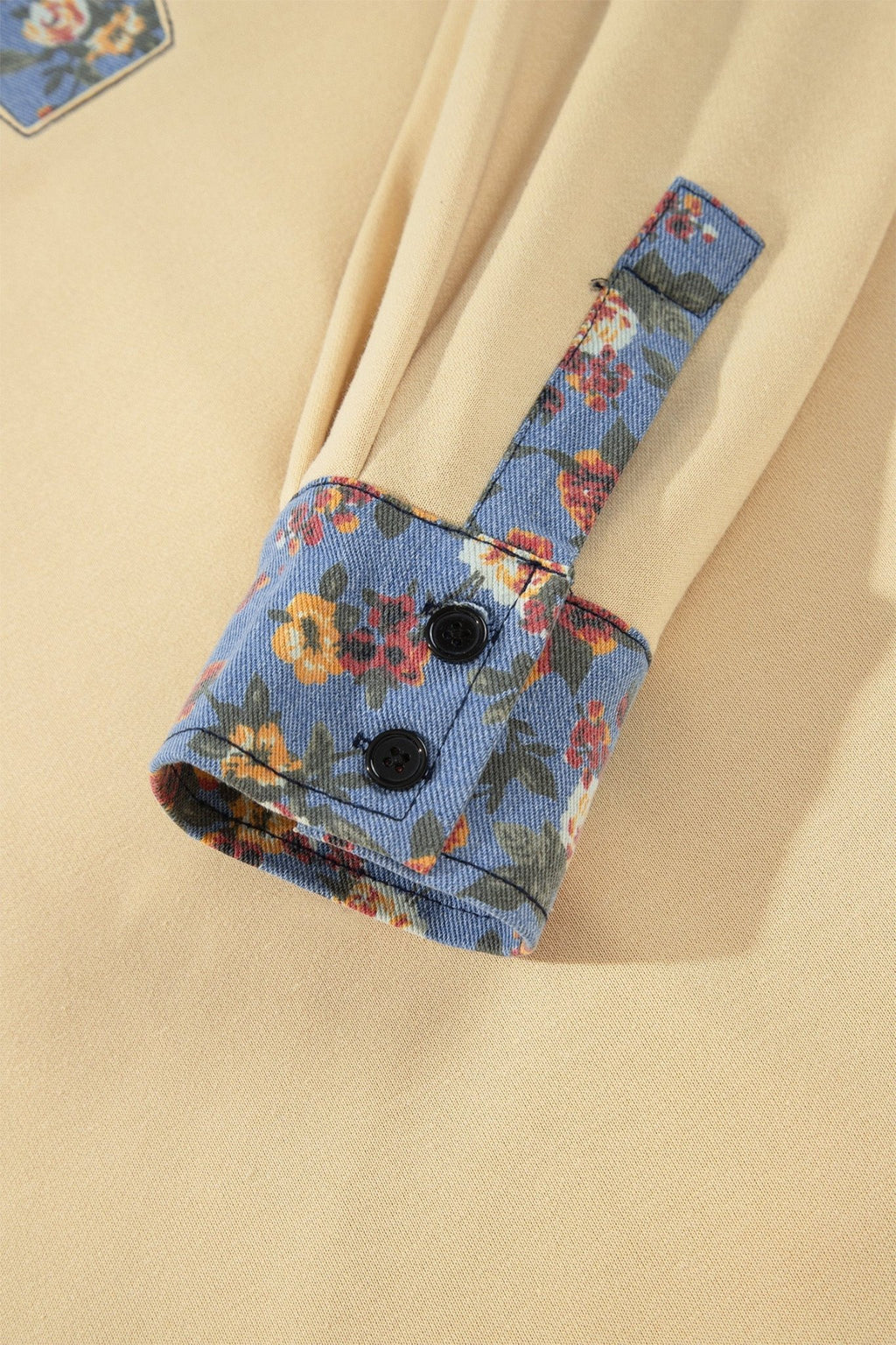 Floral Denim Patchwork Collared V-Neck Long Sleeve Top - Rooted & Reckless Co.
