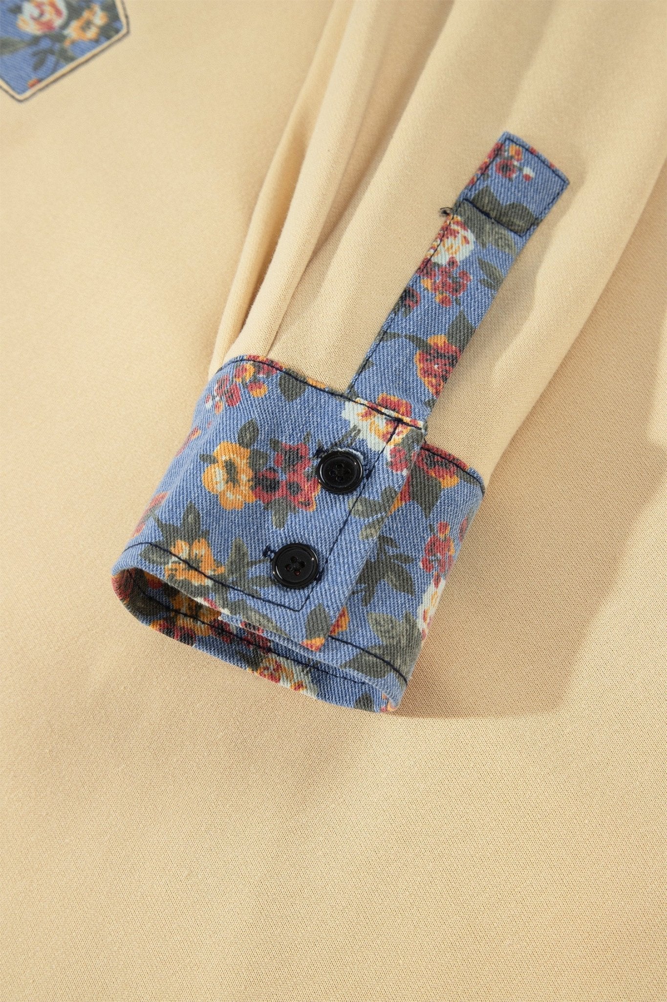 Floral Denim Patchwork Collared V-Neck Long Sleeve Top - Rooted & Reckless Co.