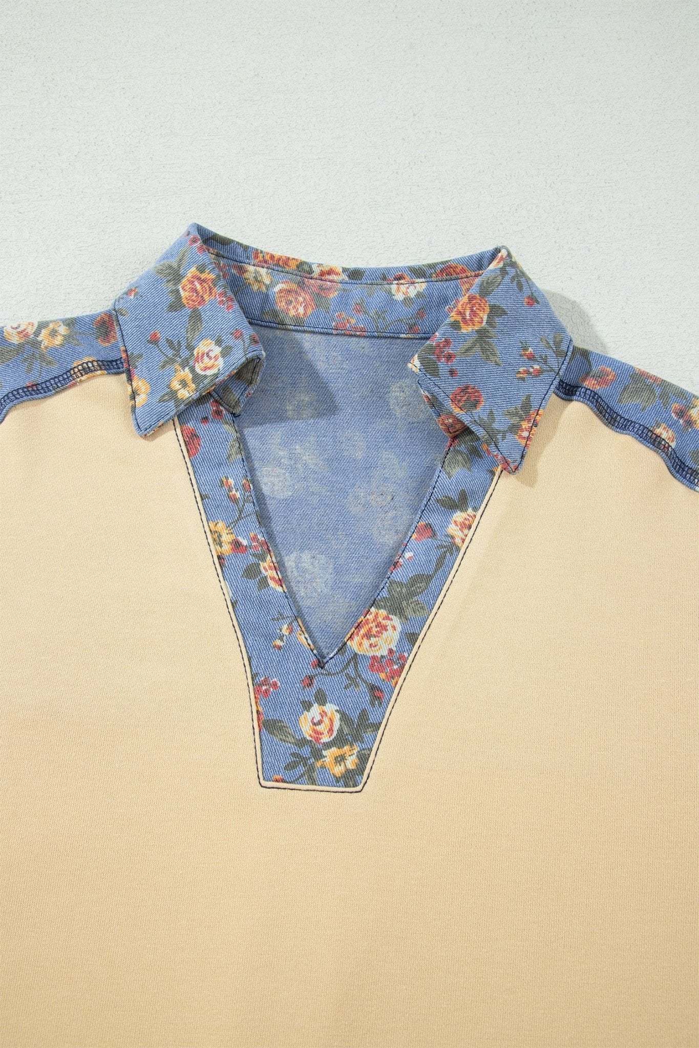 Floral Denim Patchwork Collared V-Neck Long Sleeve Top - Rooted & Reckless Co.