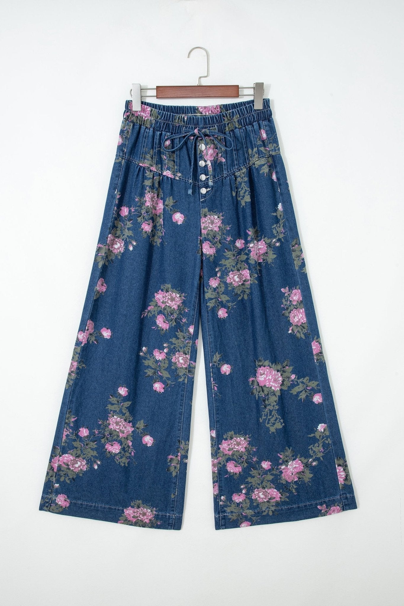 Floral Denim Pleated Tie Waist Wide Leg Jeans - Rooted & Reckless Co.