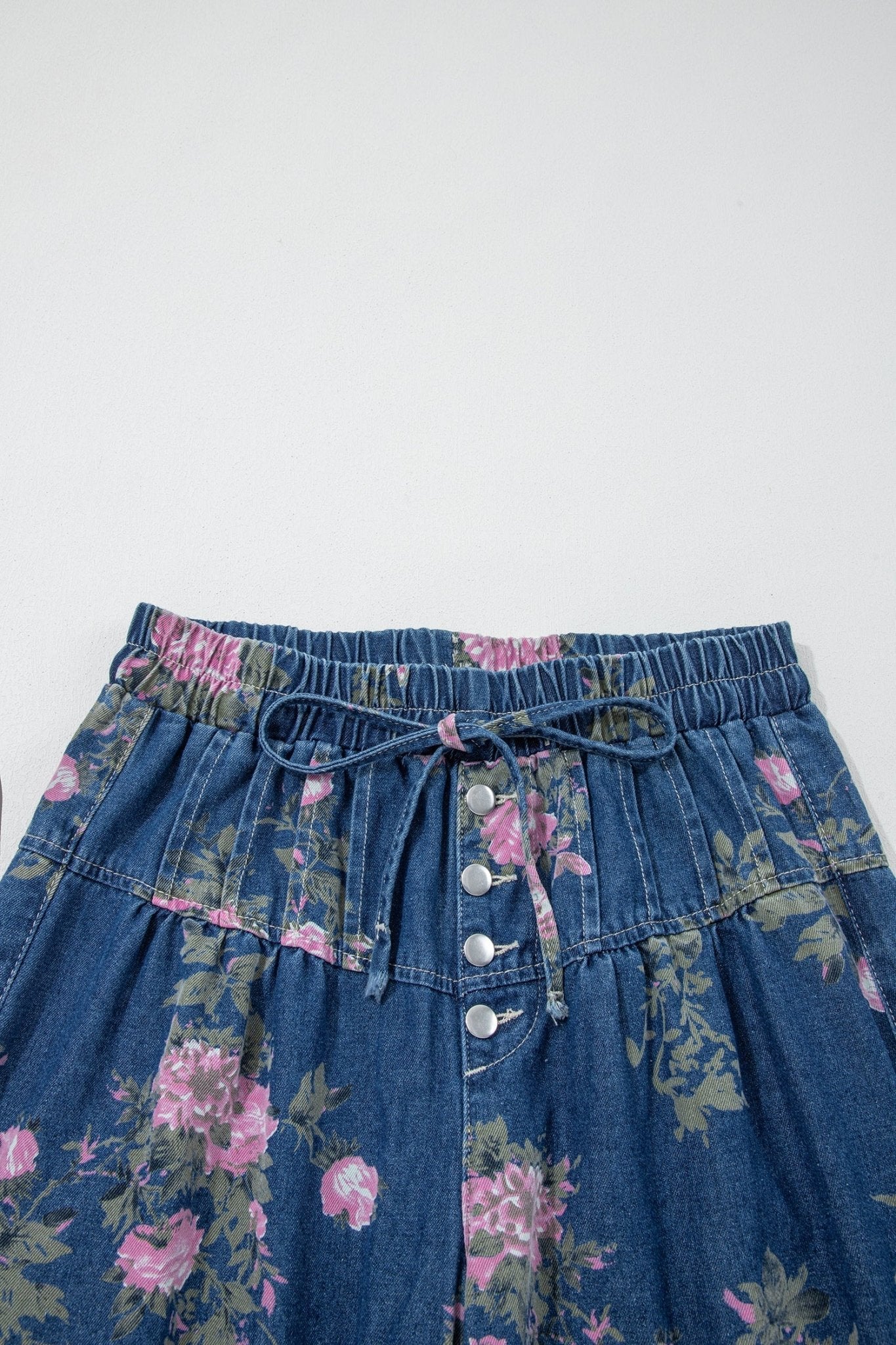 Floral Denim Pleated Tie Waist Wide Leg Jeans - Rooted & Reckless Co.