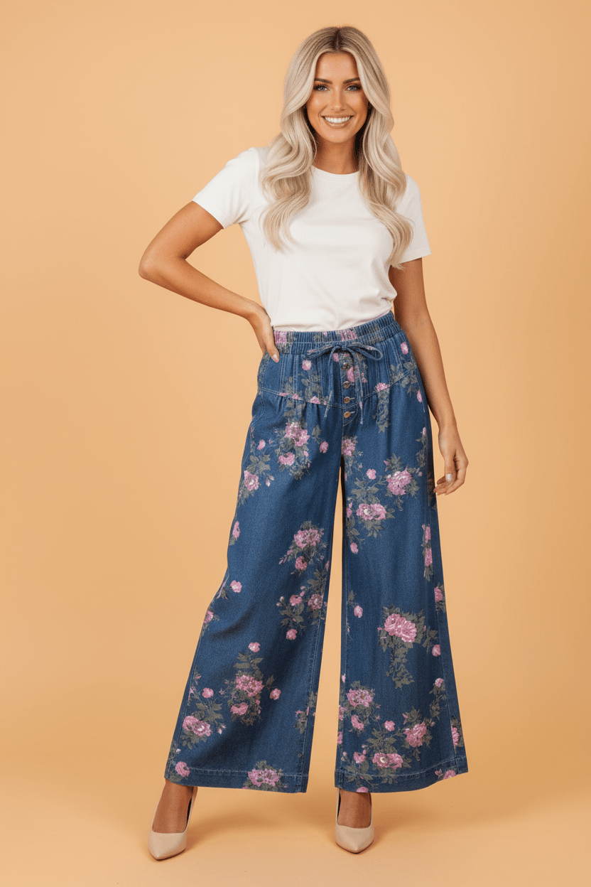 Floral Denim Pleated Tie Waist Wide Leg Jeans - Rooted & Reckless Co.