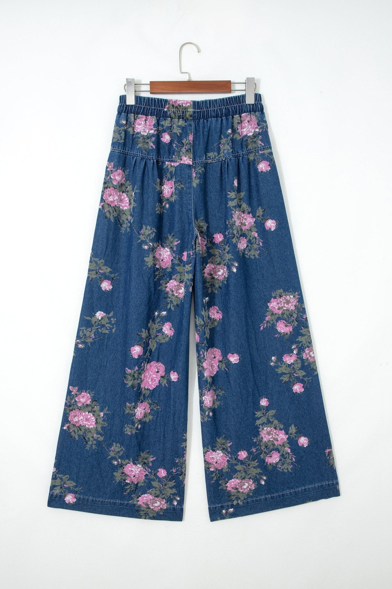 Floral Denim Pleated Tie Waist Wide Leg Jeans - Rooted & Reckless Co.