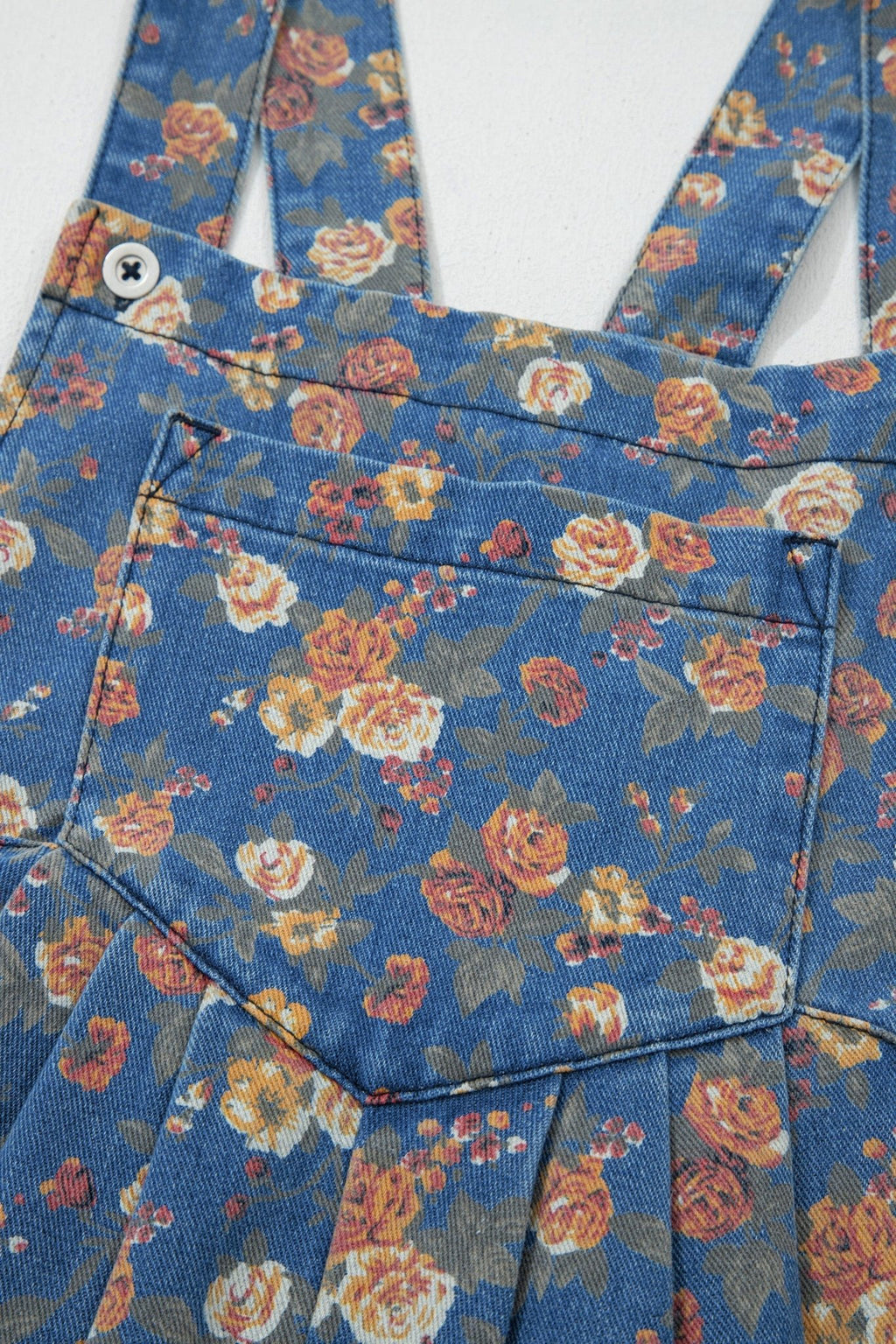 Floral Denim Pleated Wide Leg Jumpsuit - Rooted & Reckless Co.