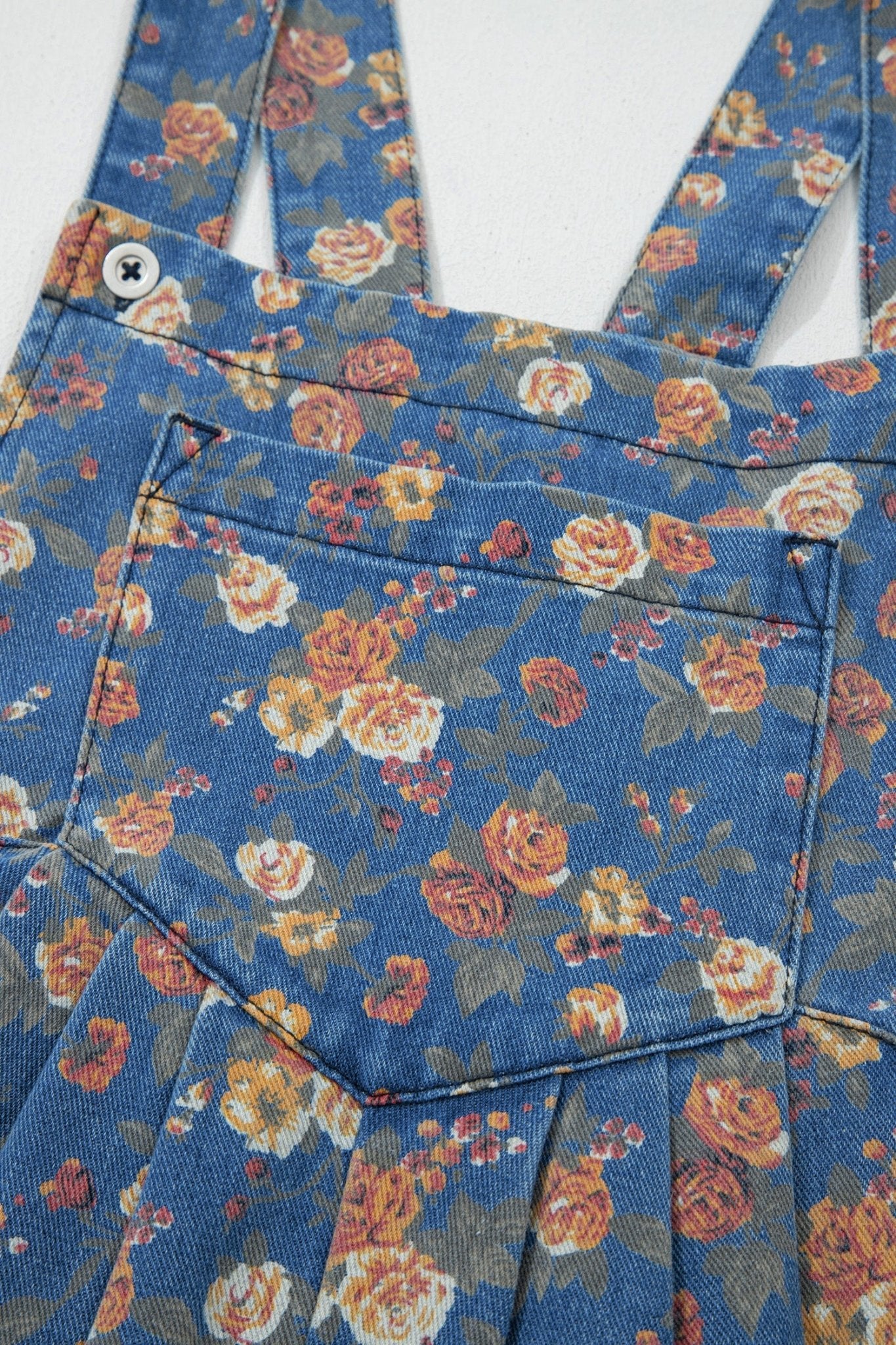 Floral Denim Pleated Wide Leg Jumpsuit - Rooted & Reckless Co.