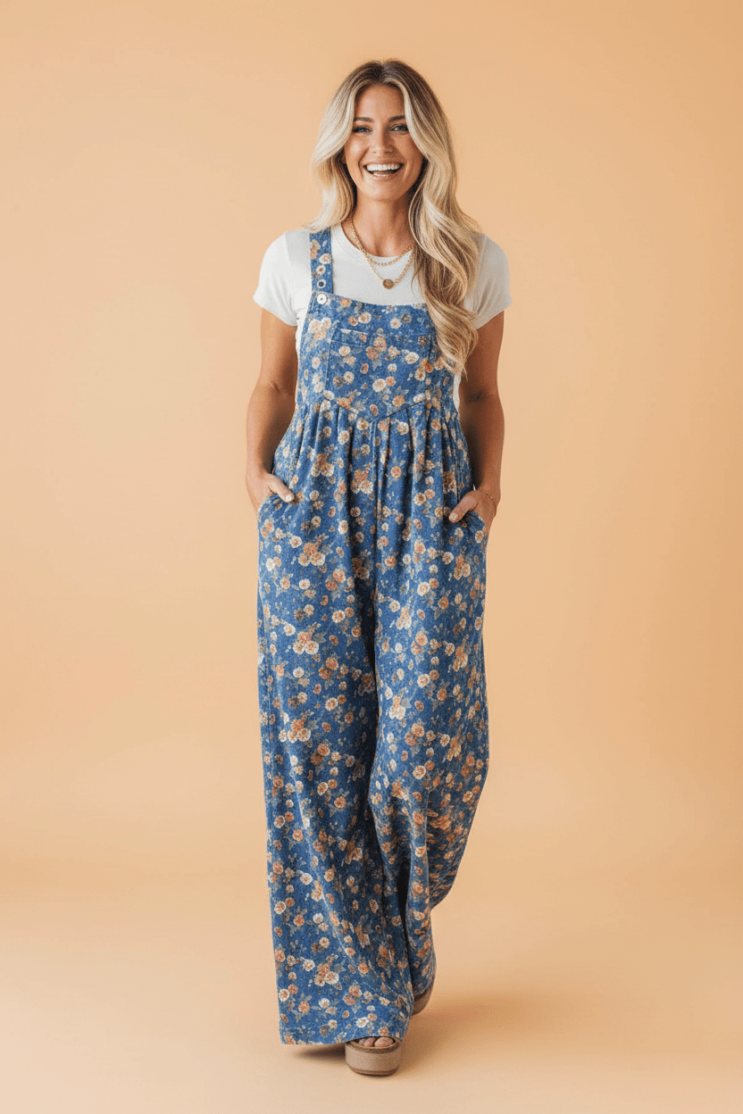 Floral Denim Pleated Wide Leg Jumpsuit - Rooted & Reckless Co.