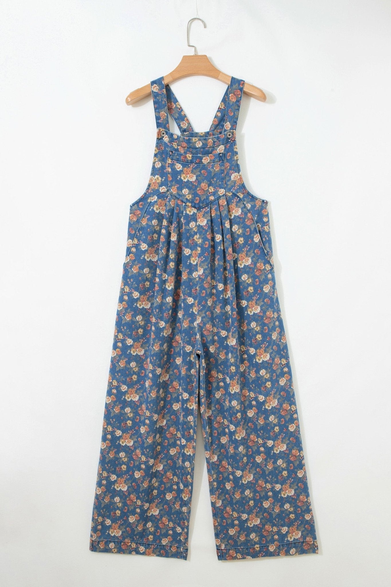 Floral Denim Pleated Wide Leg Jumpsuit - Rooted & Reckless Co.
