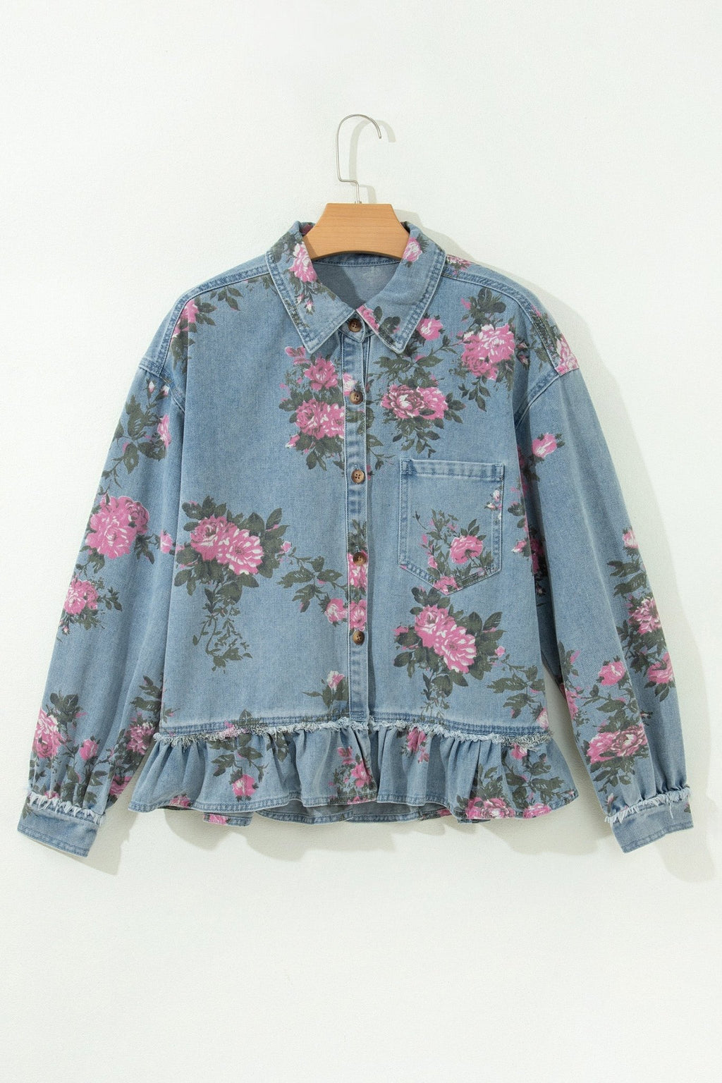 Floral Denim Raw Seam Ruffle Hem Jacket - Rooted & Reckless Co.