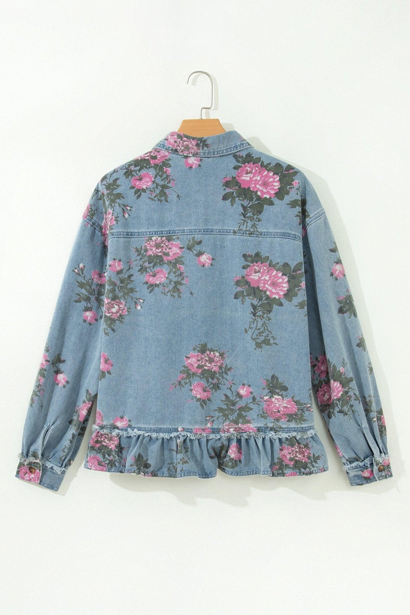 Floral Denim Raw Seam Ruffle Hem Jacket - Rooted & Reckless Co.